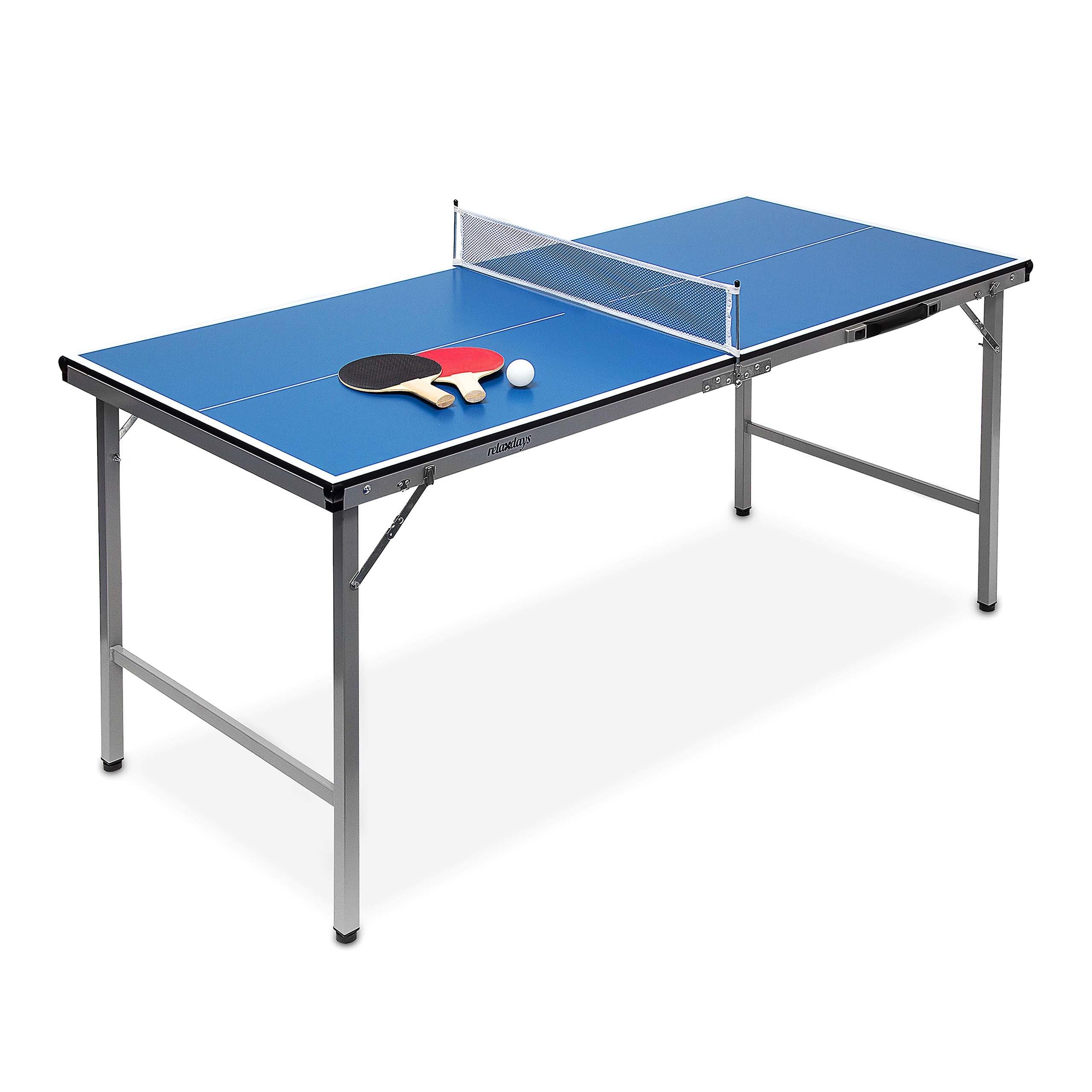 Relaxdays Klappbare Tischtennisplatte, HBT: 71 x 150 x 67 cm, tragbarer Ping Pong Tisch, Netz, Bälle, Schläger, blau