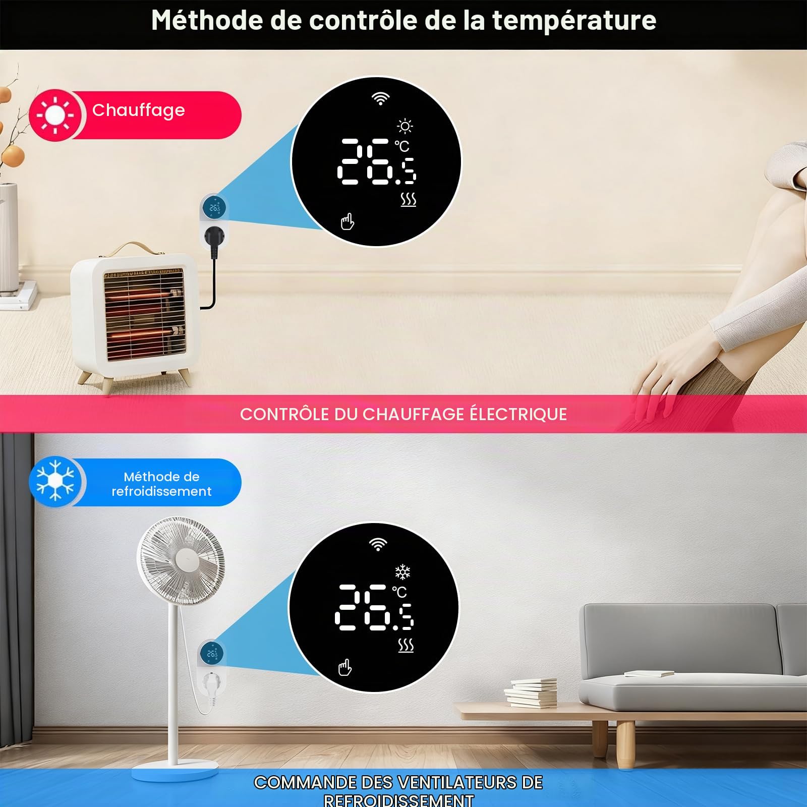 Prise Thermostat connecté WiFi régulateur de température numérique Prise thermostats avec Sonde 16A 220V Écran LED Commutation du Mode de Chauffage Refroidissement pour Serre Incubateur Ventilateur