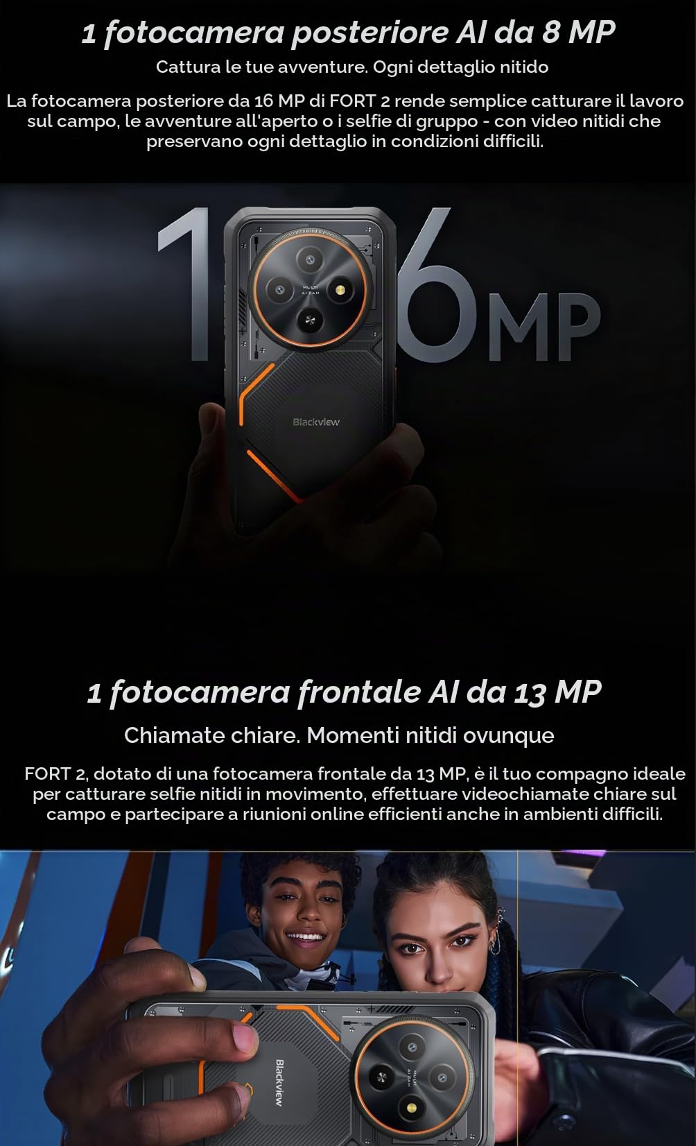 Blackview FORT 2 AI Smartphone Rugged Leggero, Editor di Foto IA, 24GB+256GB, 10,7mm Ultra-sottile, 16MP+13MP, 6,56'' HD+, Telefono Robusto IP68 Antiurto Cellulare, Android 15 DUAL SIM, GPS NFC Nero