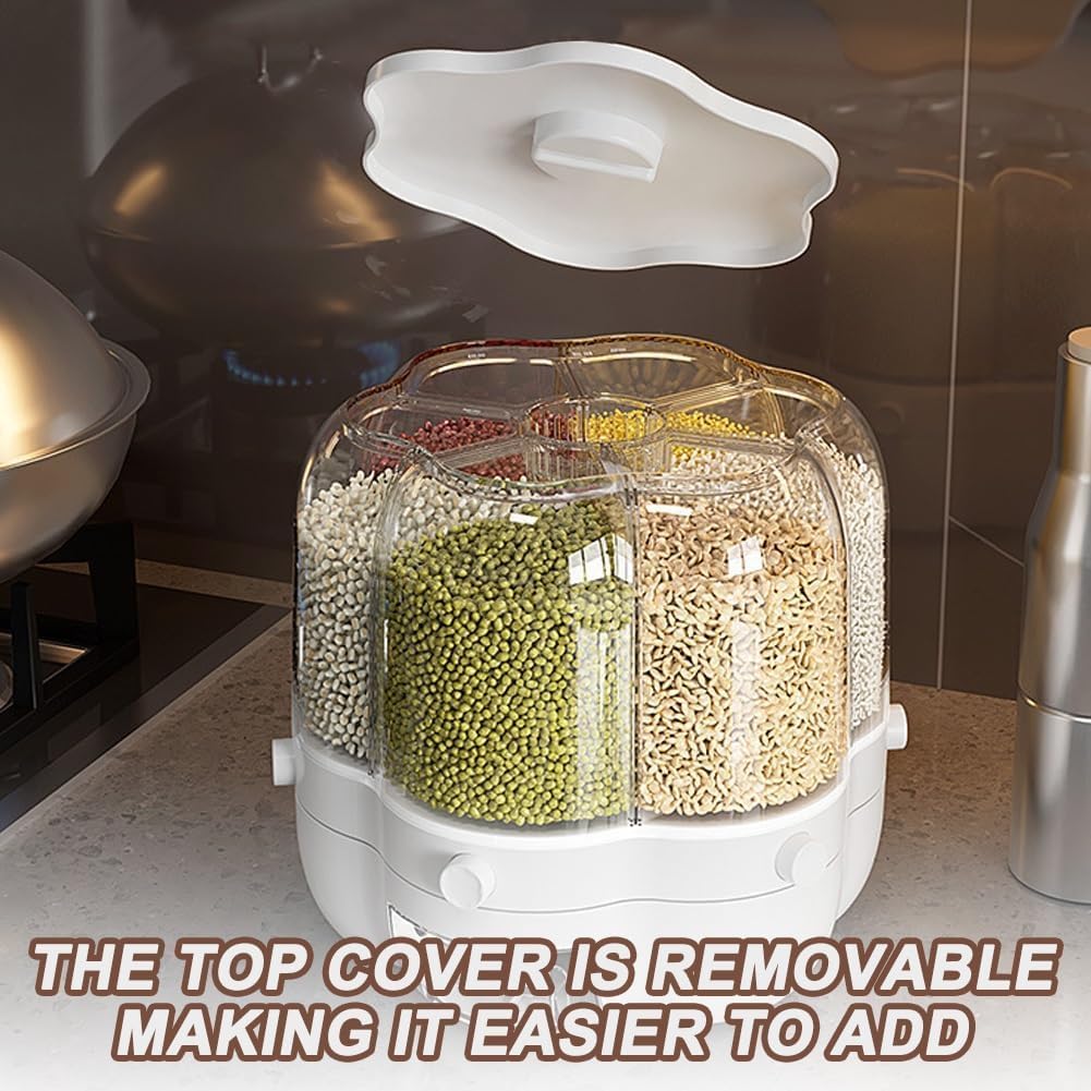 Snack Wheel Dispenser, Candy Dispenser Countertop, 360° Rotating Candy Dispenser, Multi Compartment Airtight Preservation for Kitchen Organization (White)