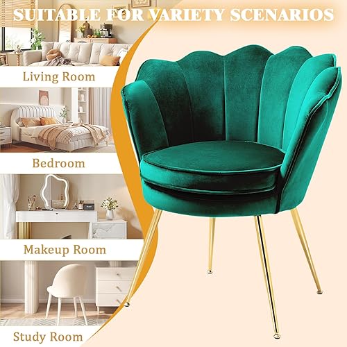 Miniatura 5 de Juego de 2 sillas decorativas para sala de estar, silla de tocador tapizada de terciopelo con respaldo, patas de metal dorado, silla auxiliar