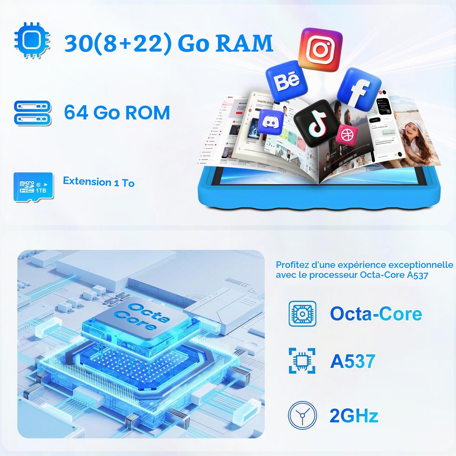 DMOAO Tablette Enfants 10 Pouces Android 15 avec 30Go RAM (TF 2To), 5G WI-FI 6, Widevine L1, Contrôle Parental, 8-Core, Tablette Tactile avec Coque Antichoc EVA + Support Rotatif à 360°,Bleu
