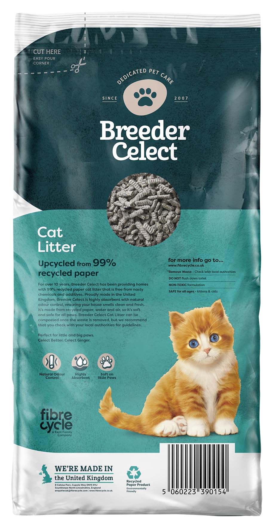 Breeder Celect All-Natural Katzenstreu (35L) - 99% recyceltes Papier, hochsaugfähiges Kätzchen-Katzenstreu, hervorragende Geruchskontrolle, Nicht klumpend, biologisch abbaubar & kompostierbar