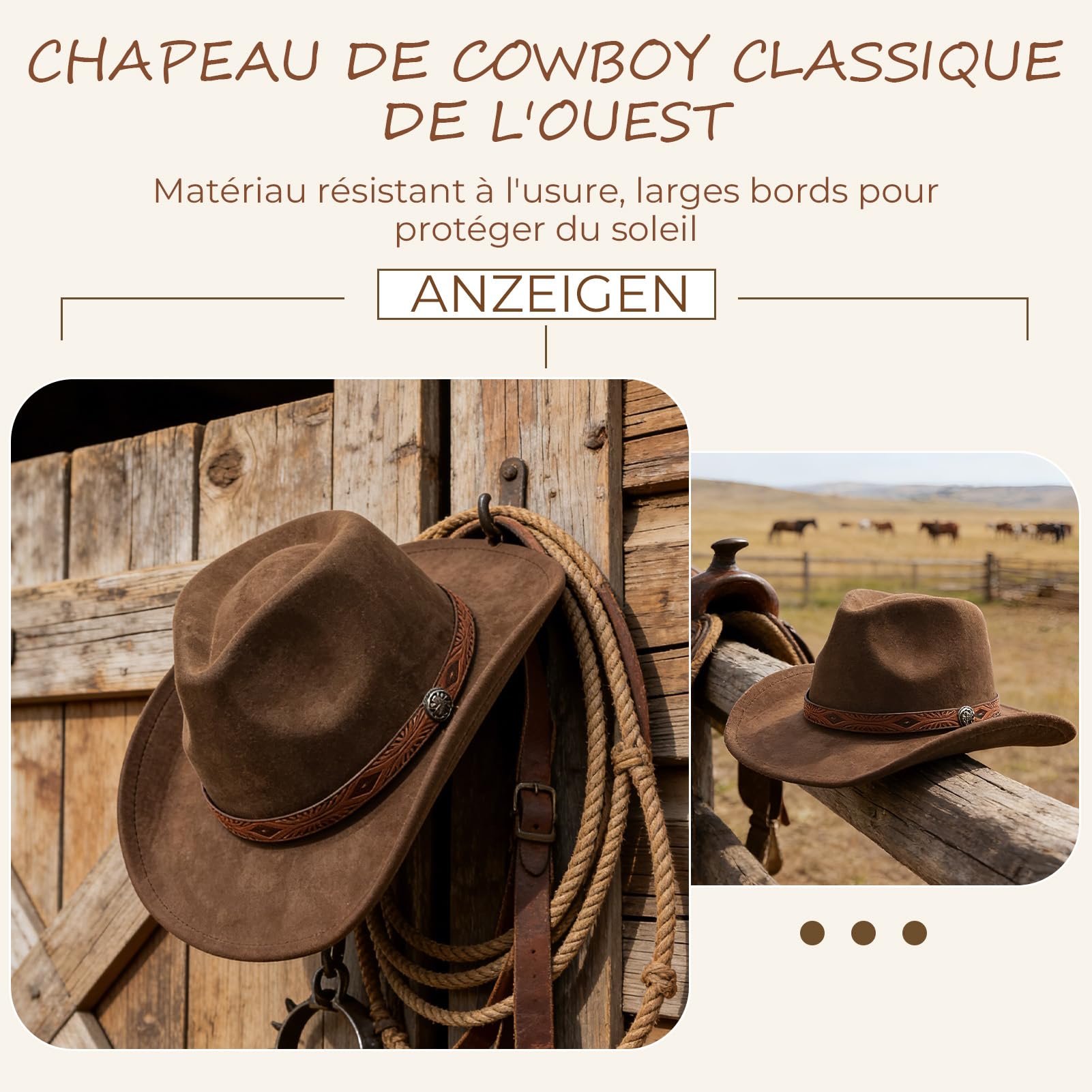 Chapeau Western en Daim Denim Unisexe, Chapeau de Cowboy à Large Bord, idéal pour la décoration DIY (Marron)