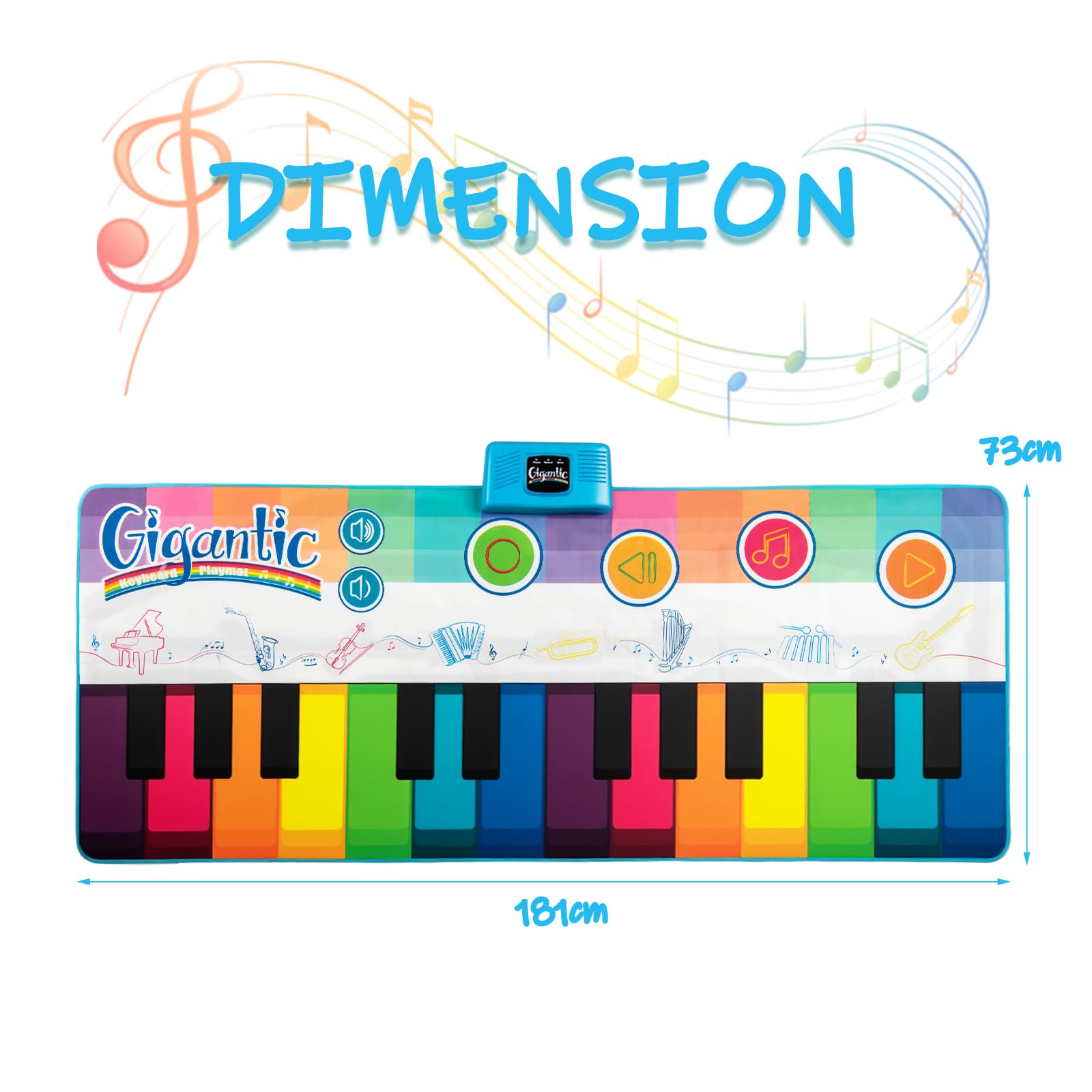 KOMFOTTEU Mata fortepianowa dla dzieci od 3 lat, 24 przyciski, pianino dziecięce z 10 piosenkami i 8 dźwiękami instrumentów, mata muzyczna, odtwarzanie i regulacja głośności, 181 x 73 cm, kolory tęczy