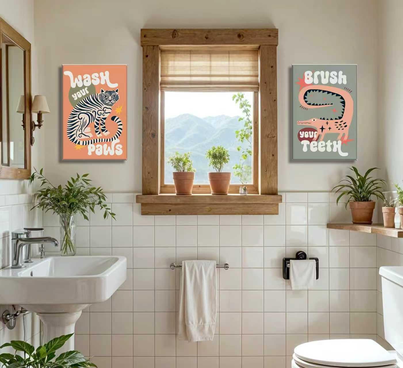 2Pcs Funny Bathroom Animal Framed Canvas Wall Art Tiger Wash Your Paws Bathroom Painting Picture Wall Decor Funky Maximalist Toilet Sign Poster Print Artwork for Toilets and Living Room Home Decoration