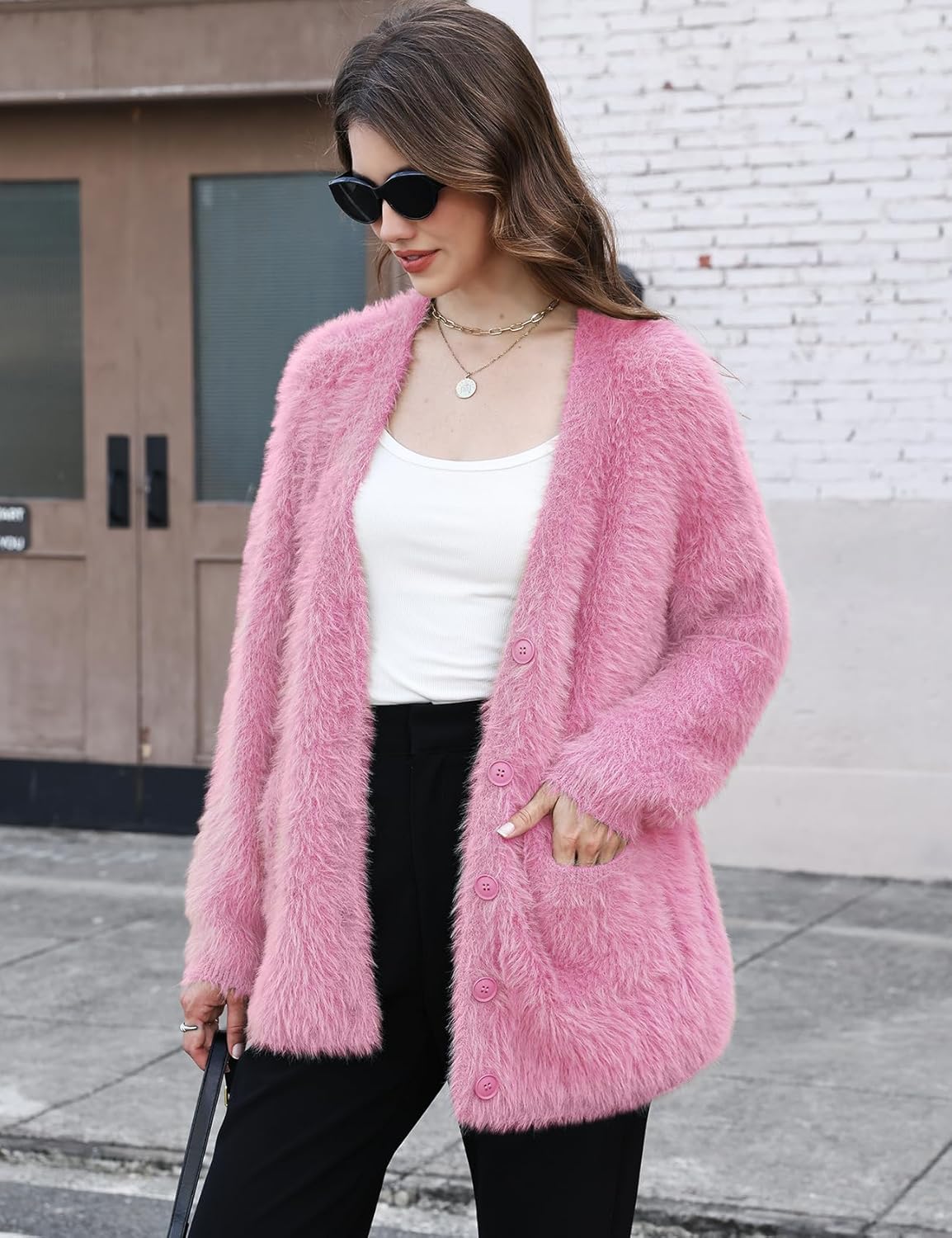 Gihuo Women' s Fuzzy Cardigan Sweaters V Neck Fluffy Cardigan Long Sleeve Button Down Knit Furry Sweater with Pockets - Image 4