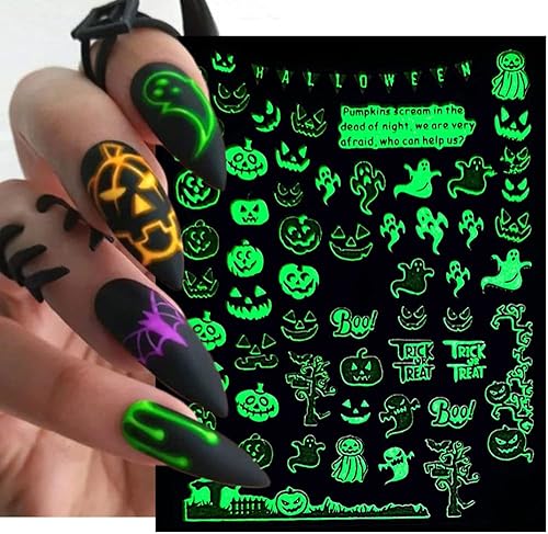 Miniatura 9 de Calcomanías de uñas de Halloween, que brillan en la oscuridad, calcomanías de uñas luminosas 3D, autoadhesivas, calabaza, calavera, murciélago,