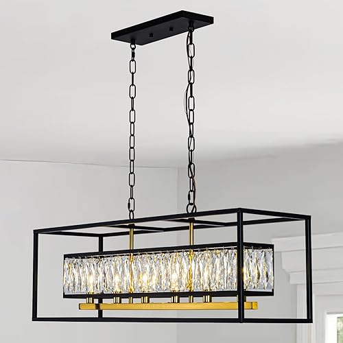 Miniatura 7 de Vezzio Candelabros de cristal de granja, 6 luces, accesorios de iluminación para comedor, color negro, rectangular, isla de cocina, con cadena