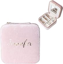Customizable Compact Velvet Jewelry Box with Mirror, Travel Jewelry Case, Travel Jewelry Organizer, Jewelry Box for Women and Girls, Small Jewelry Organizer (Center Text, Powder Pink)