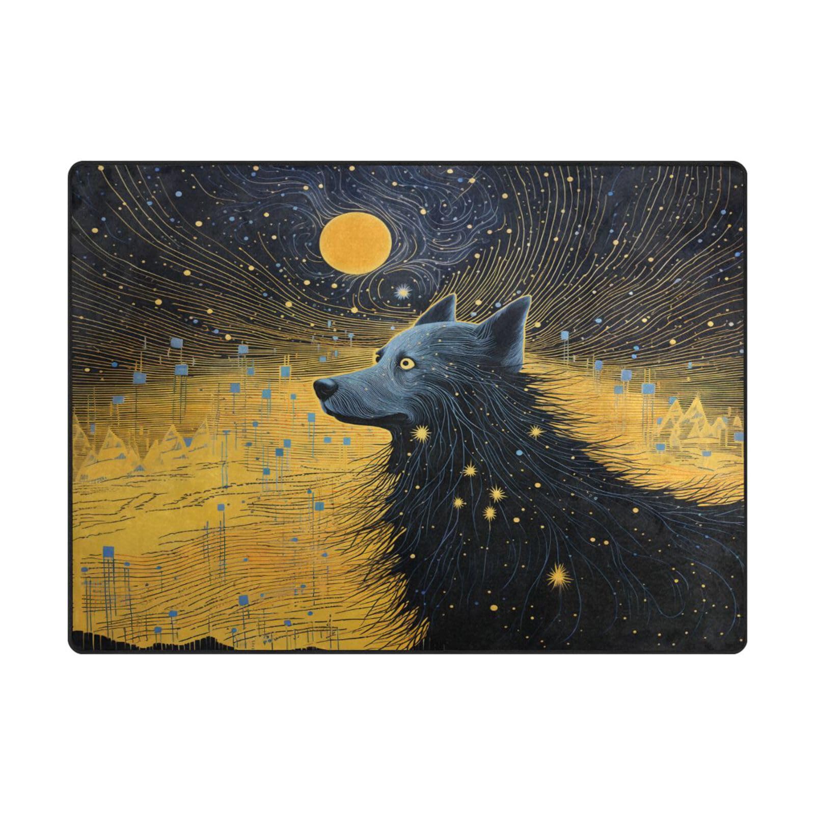 Grand tapis de sol contemporain loup et lune 203 x 147 cm aux finitions soignées