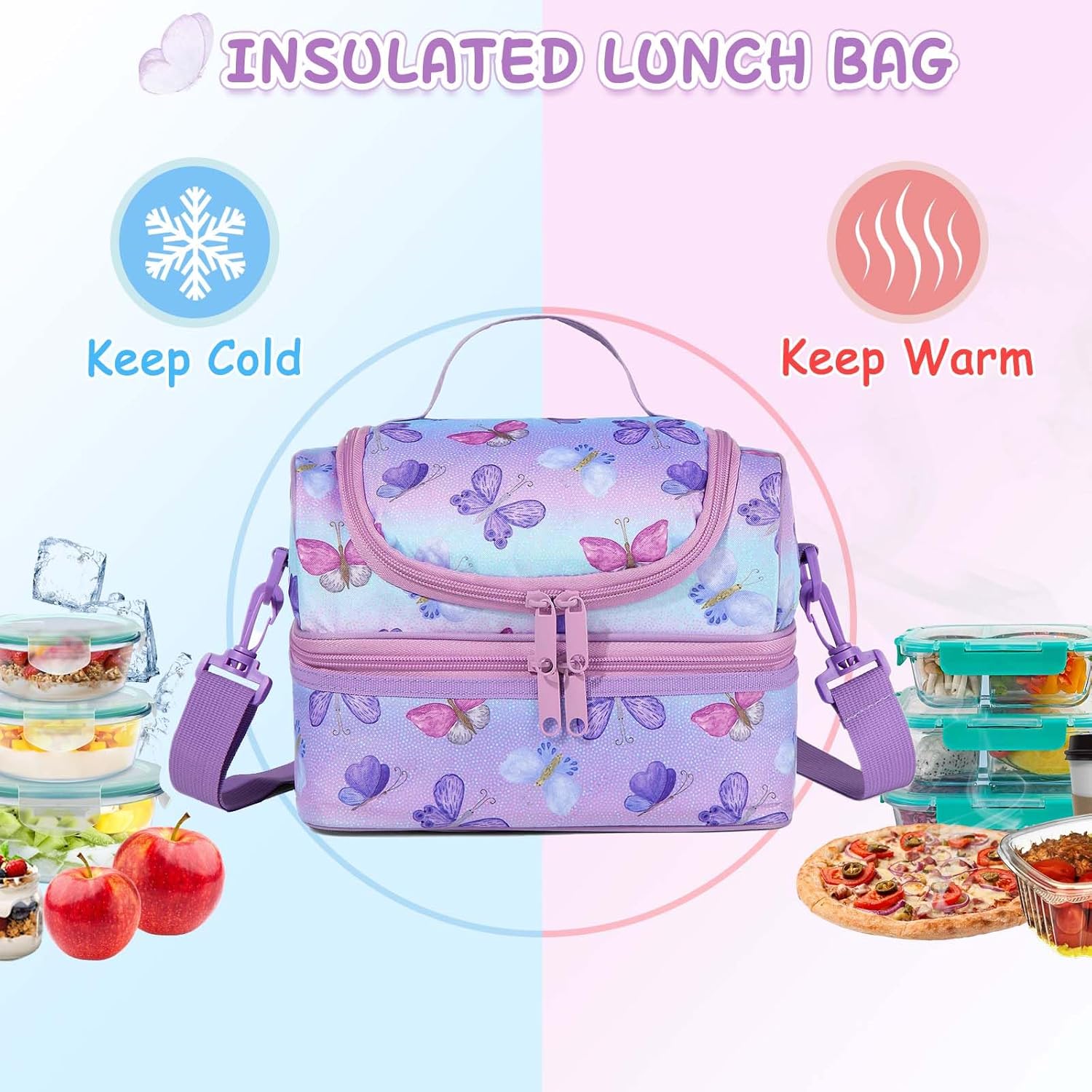 Kasqo Lunch Box Bag for Girls, 6.5L Insulated Reusable Dual Decker Compartments Cooler Bag for Kids/School/Picnic/Travel Purple Butterfly - Image 5