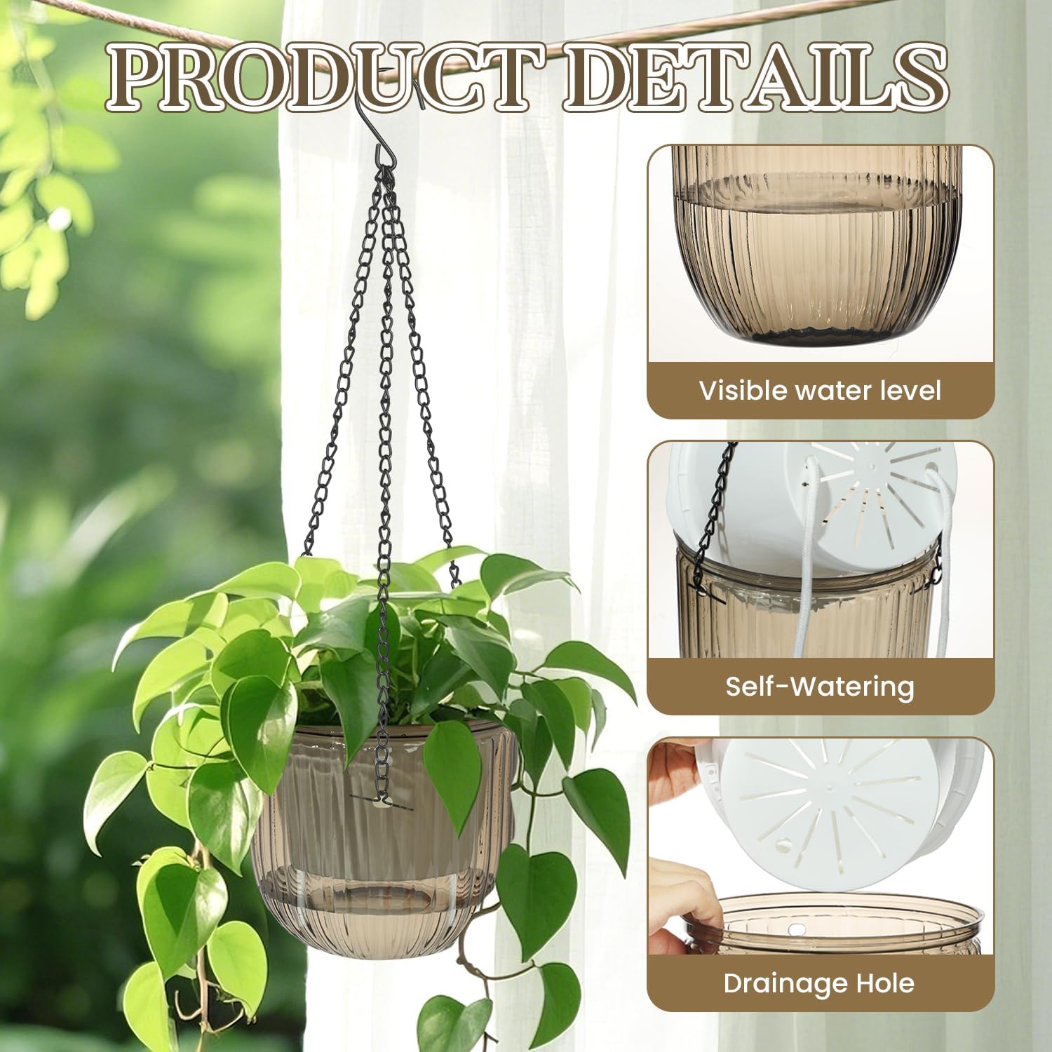 VIDELLY Self Watering Hanging Planter for Indoor Plants, 4 Pcs 6.5" 4.5" Outdoor Hanging Planters Flower Pots Basket with Hooks Drainage Holes for Garden Balcony, Emerald+Gray