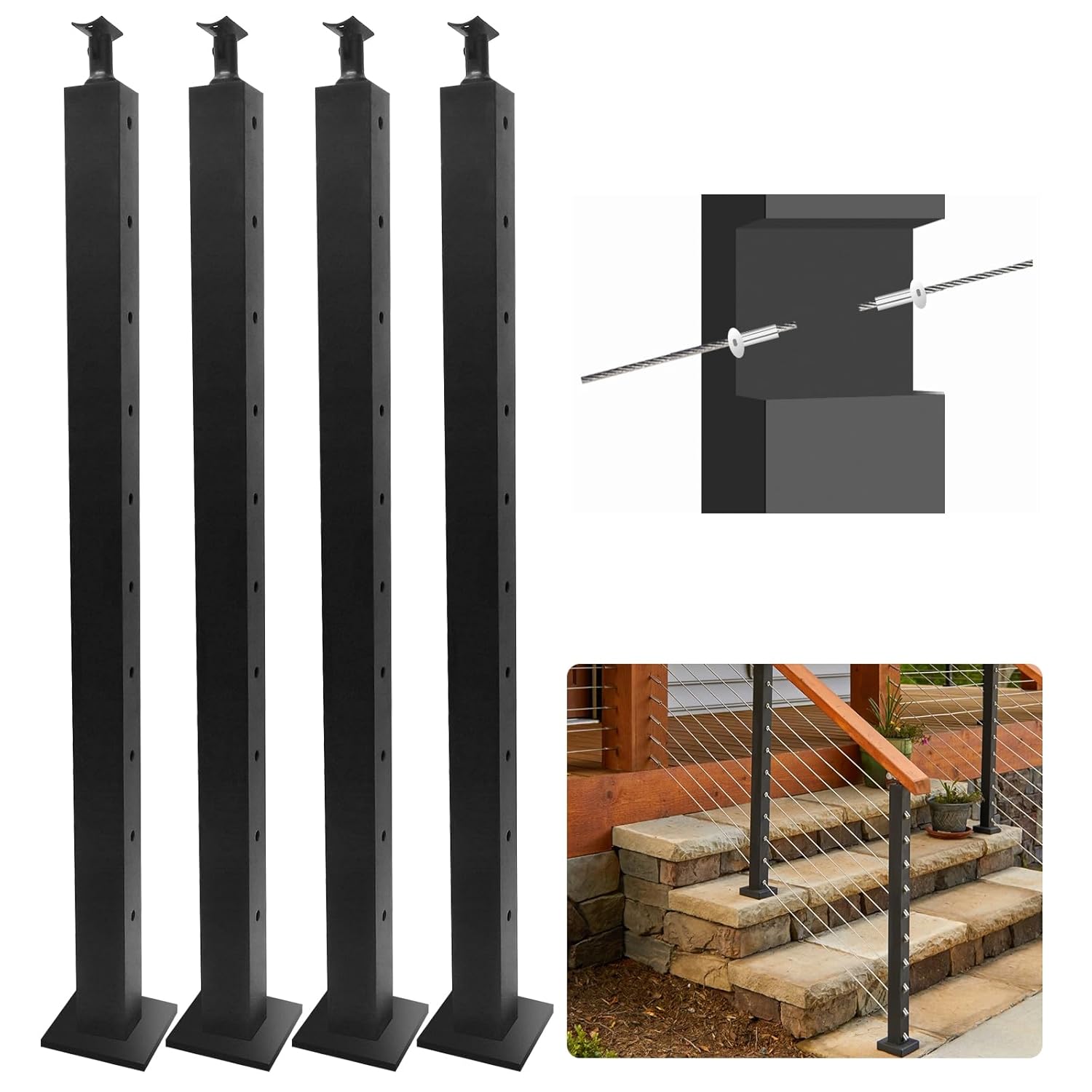 Stair Cable Railing Railing Post - 36" x 2" x 2" - 10 Pre-Drilled Level Holes - Stainless Steel Adjustable Top Curved Bracket Deck Railing Post - Satin Black - 4 Pack