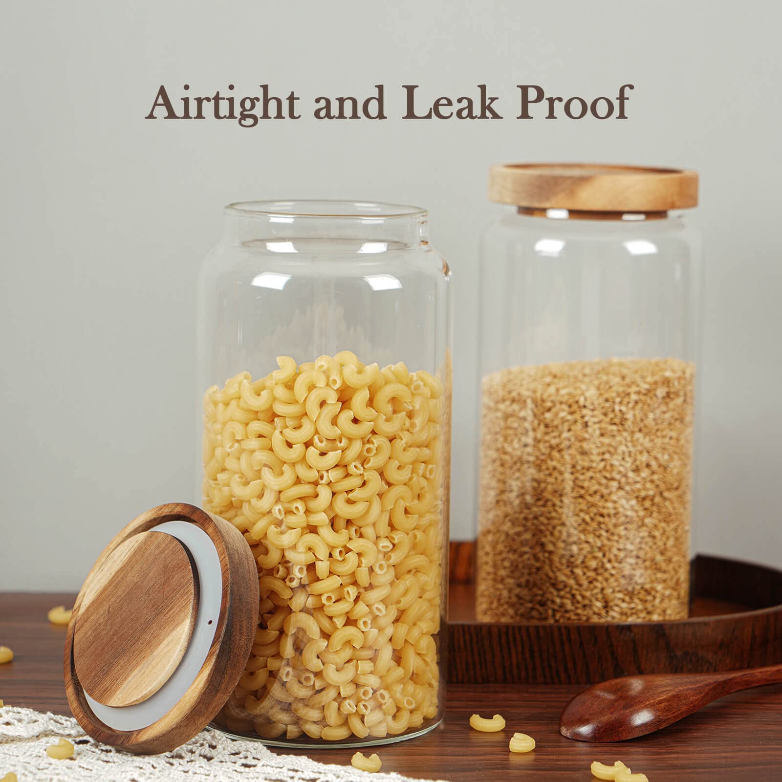 Labina Glass Storage Container Airtight Food Jars Kitchen Canister with Wood Lids, 41 Oz Wide Mouth Pantry Organization Glass Jar for Flour, Sugar, Cookie, Spagetti, Nuts and Candy (2 Pack)