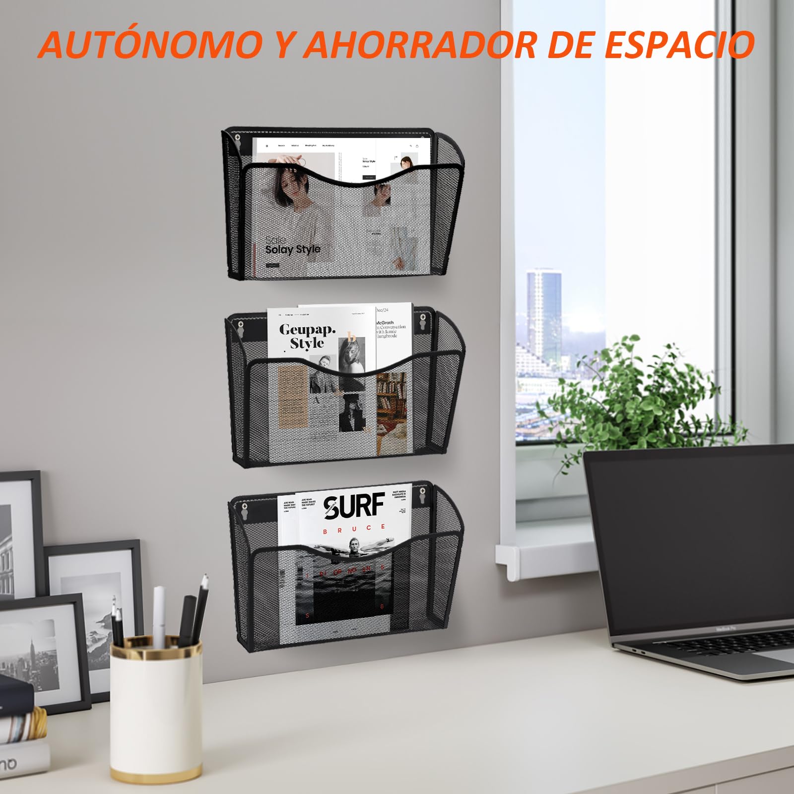 AGPTEK Archivador Montable en Pared (Paquete de 3), Archivador Organizador Malla Metálica con Compartimiento Sencillo - Negro