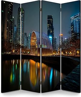Wood Screen Room Divider Reflection Light Lake Night View Bangkok Downtown Folding Screen Canvas Privacy Partition Panels Dual-Sided Wall Divider Indoor Display Shelves 4 Panels