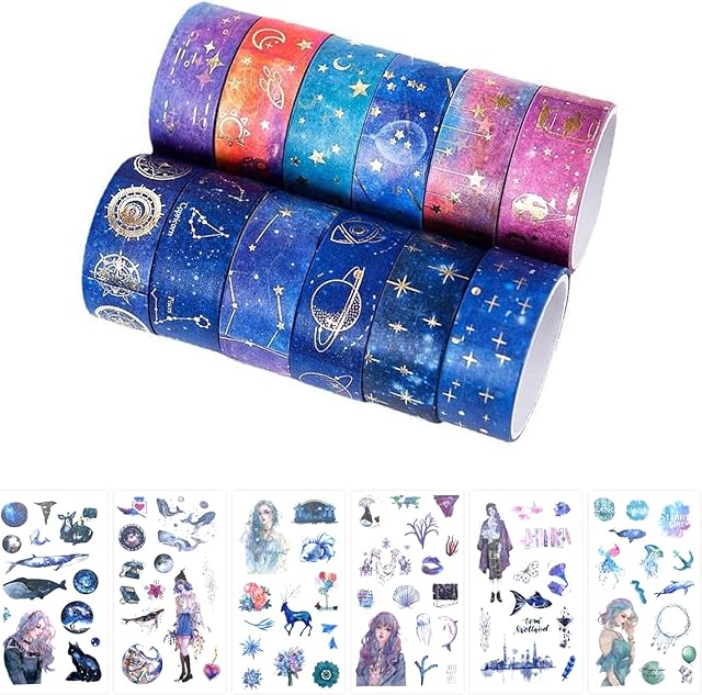 12 Rolls Starry Sky Collection Washi Tape Set with 6 Sets of Purple Collection Stickers, Stars Moon Galaxy Gold Foil Washi Tape for DIY Bullet Journal Gift Wrapping Decoration.