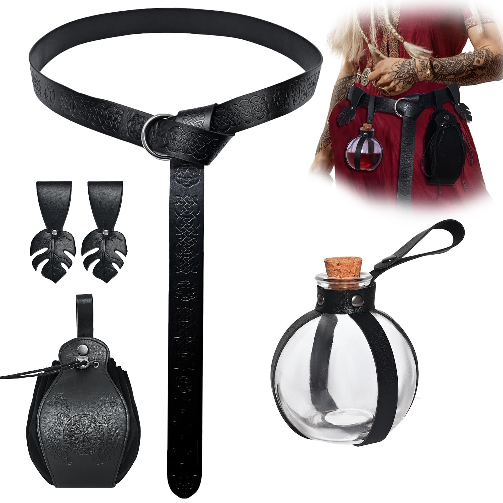 Set Accessori Medievali Per Costumi - Cintura, Borsa E Bottiglie Pozioni, Marrone - Foto 2