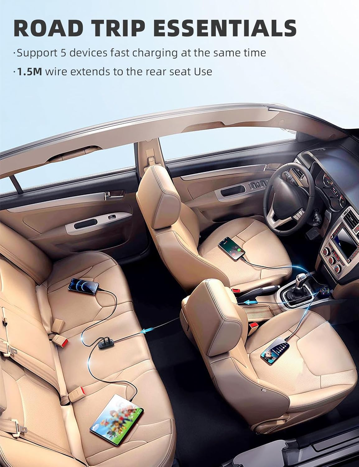 USB C Multi Port Fast Car Charger, PD30W/QC3.0 120W Cigarette Lighter Charger with /5ft Cable Compatible with iPhone 16/15 Pro - Image 2