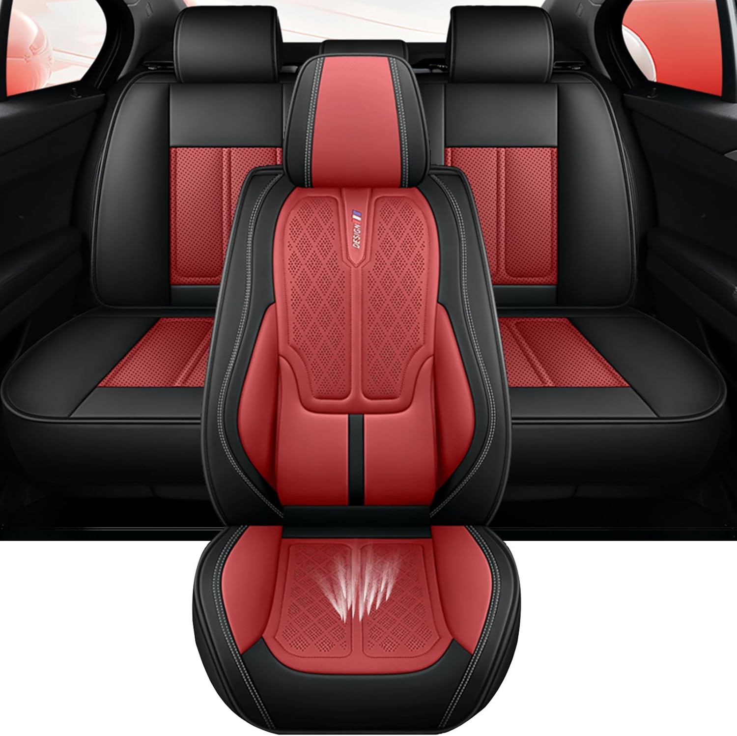 Car Seat Covers Full Set for Hyundai Sonata 2004-2026 Nappa Leather Seat Covers, Non-Slip Waterproof Seat Cover, Car Seat Protectors Adapted to Airbags（Standard, Black+Red）
