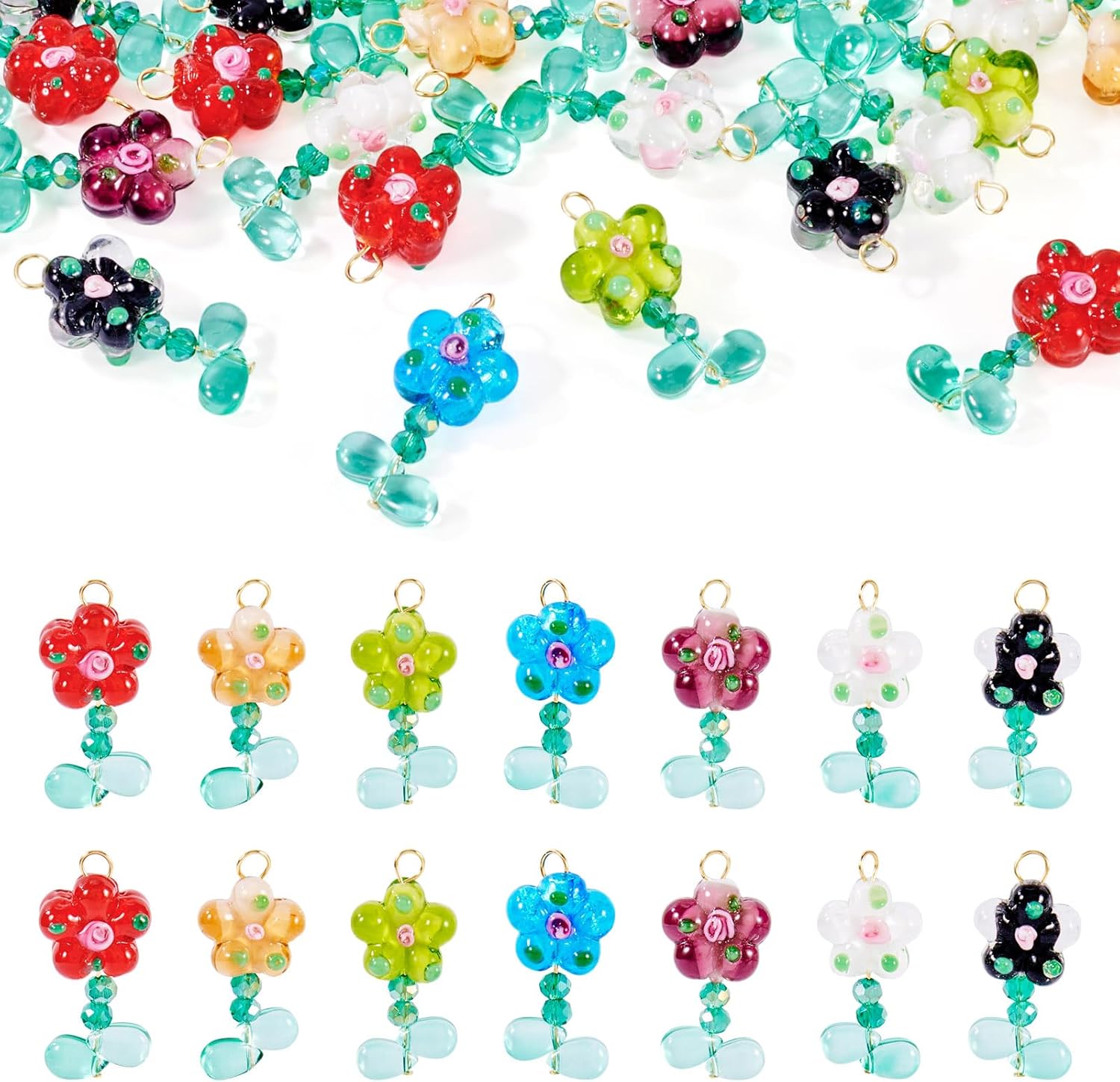 KISSITTY 20Pcs Glass Flower Pendants Crystal Floral Charm Mixed Color Bulk Spacer Beads Assorted Opaque Dangle Charms for DIY Bracelet Necklace Earring Jewelry Making - Image 2