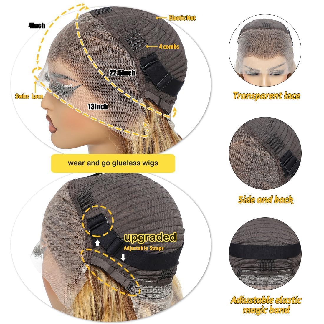 IUPin Highlight Ombre 13x4 Lace Front Wig Human Hair Body Wave Honey Blonde Glueless HD Transparent Lace Frontal Wigs for Women 200 Density Human Hair Pre Plucked with Baby Hair 32 Inch