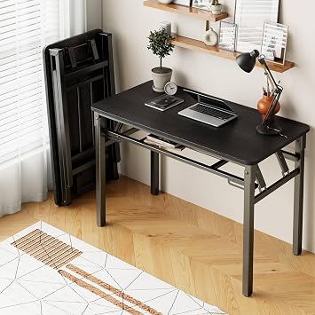 BYMECOST 31.5 inches Folding Desk Small Desk, No Assembly Computer Desk with Storage Shelf, No Install Small Foldable Table for Home Office,Study Table for Small Space Black, 31.5"