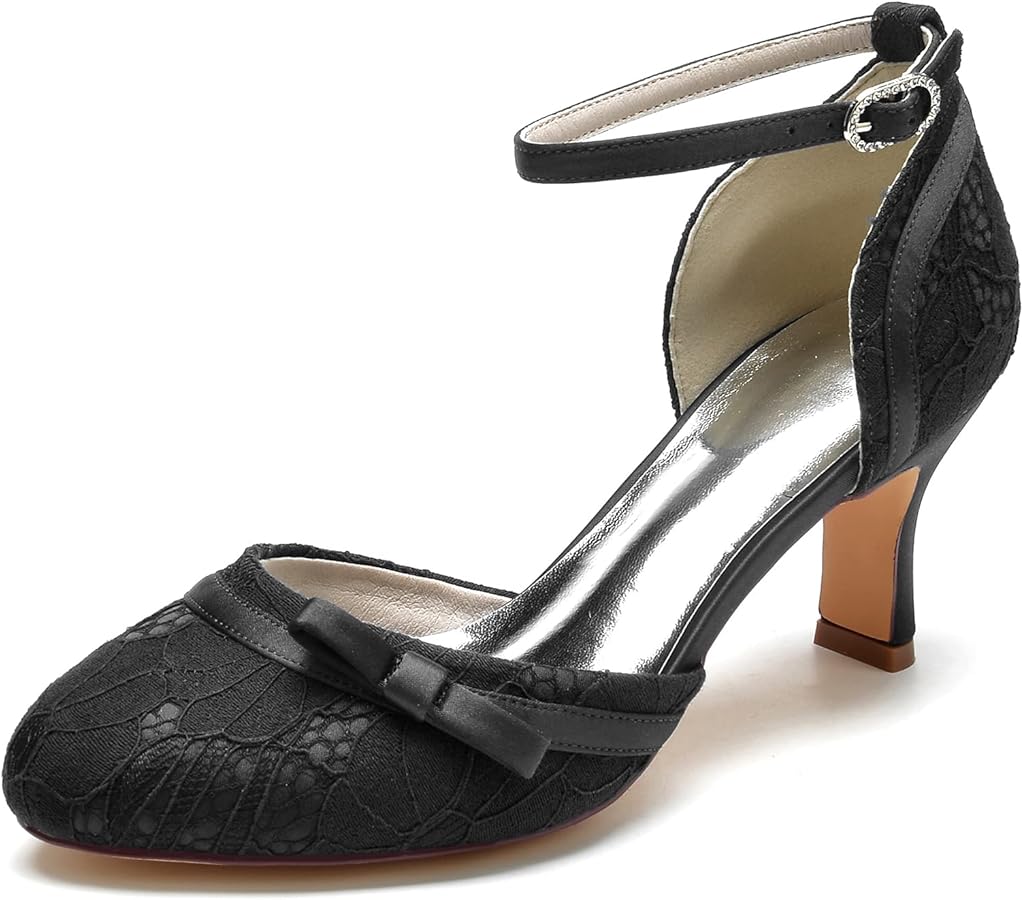 Amazon.com | Womens Ankle Strap Kitten Heels Lace Closed Toe Low Heel Dress  Shoes Women Dressy Bridal Wedding Party Comfortable Vintage Pumps  6.5Cm,Black,6