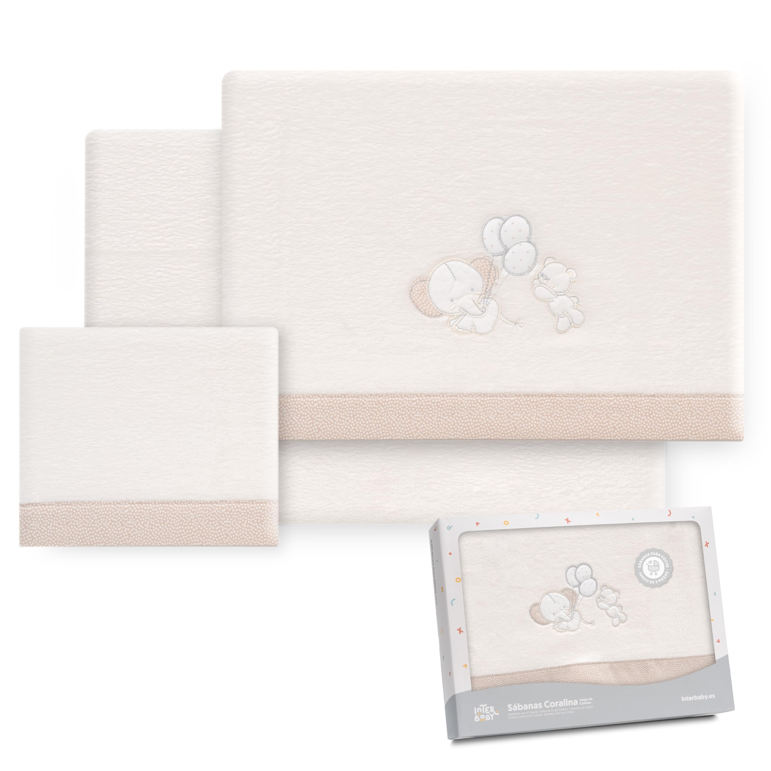 Interbaby - Set of sheets for pram 40 x 80 cm, baby - coral fabric winter sheets - elephant balloon heart - includes fitted sheet + top sheet + pillow case