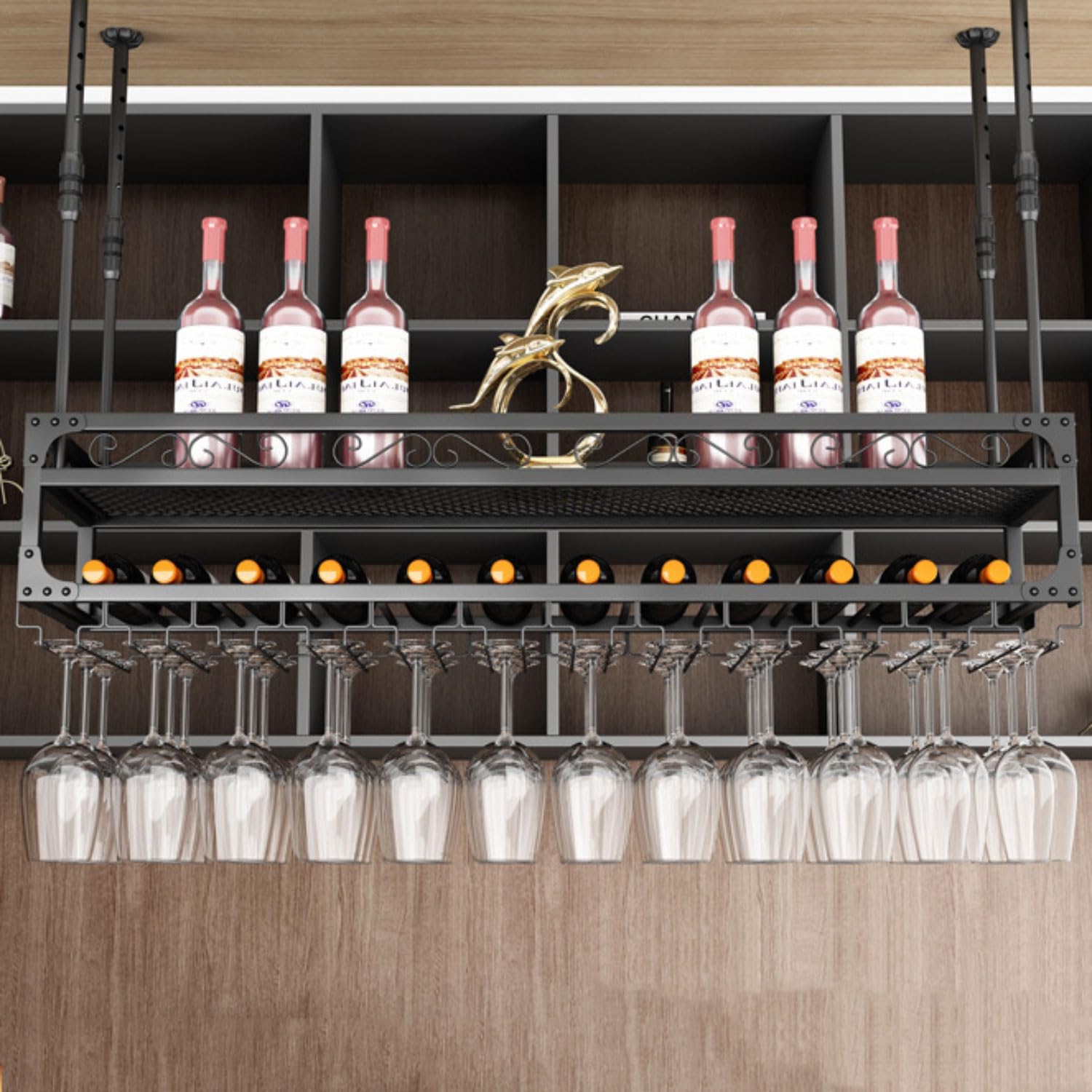 Support de stockage de vin au plafond avec étagère en verre