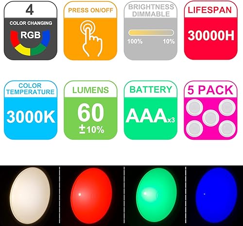 Miniatura 5 de HONWELL Luz de grifo inalámbrica táctil para gabinete, luces multicolor para mostrador, regulables, alimentadas por batería, luces de disco RGB para