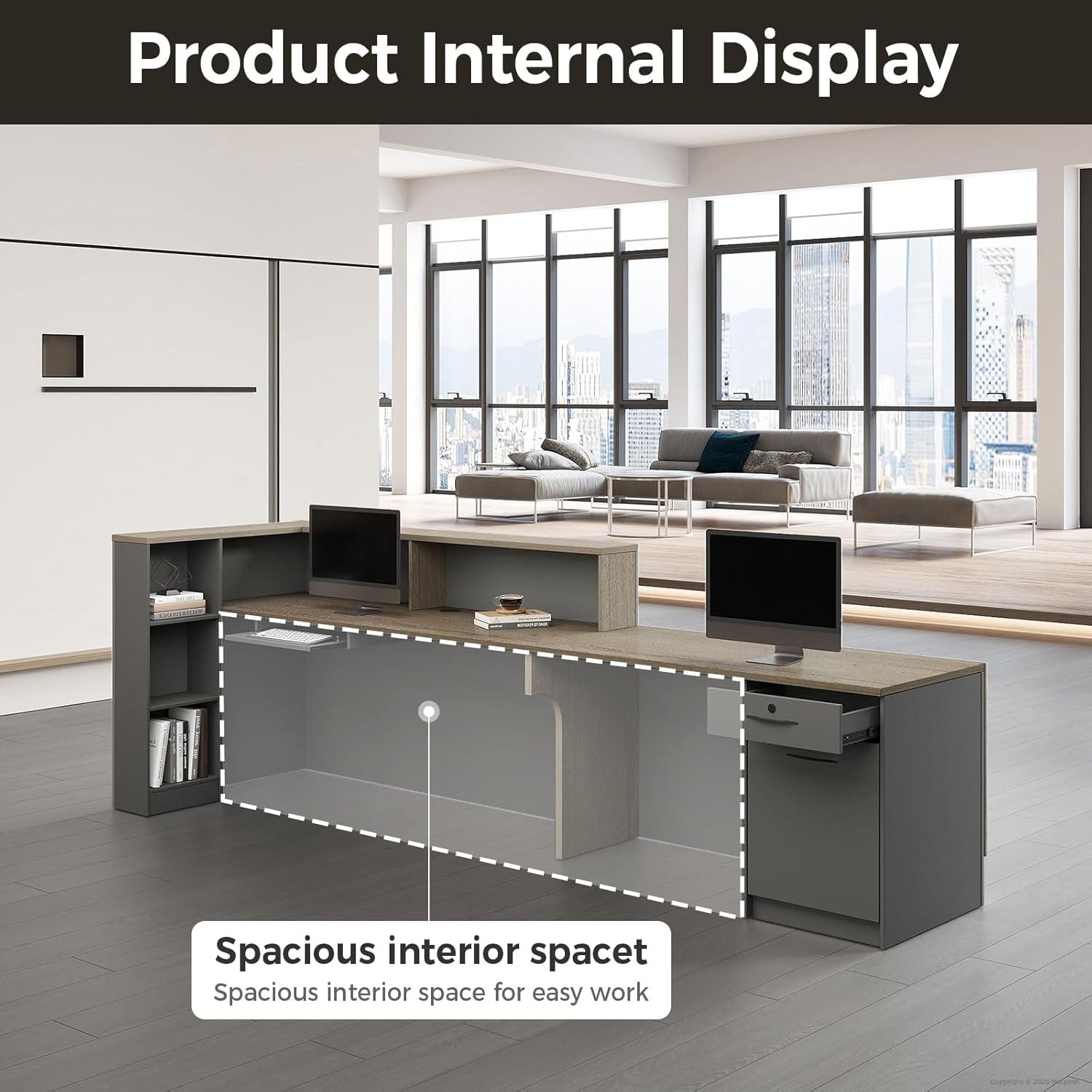 Modern Reception Desk with Counter, Spacious Workstations, Ample Storage for Office, Salon, and Retail Store(Tobacco Wood+Iron Gray/Left, 71" L*24" W*41" H)
