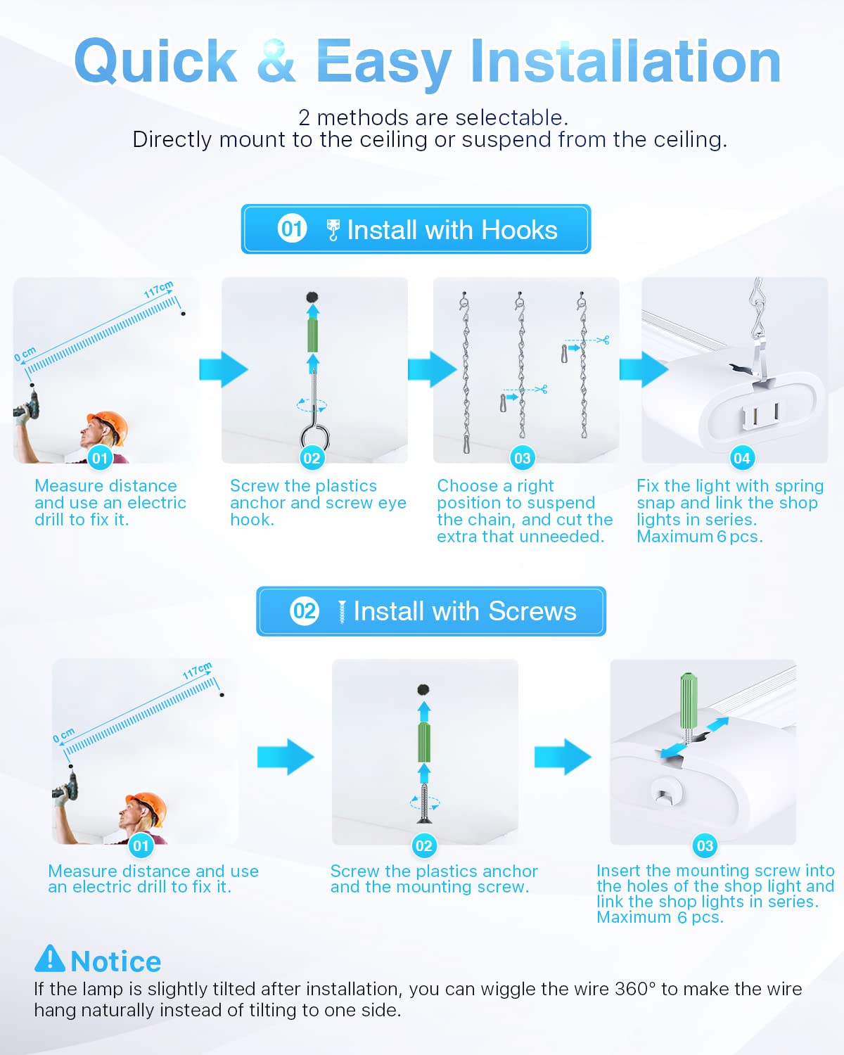 Ensenior 4 Pack Linkable LED Utility Shop Light, 4 FT 4400lm, 36W Equivalent 280W, 5000K Daylight, 48 Inch Integrated Fixture for Garage&Workbench, Surface or Hanging Mount, White, ETL Certified