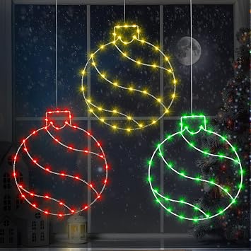 Jinei 3 Pieces 11.8 Inch Window Lights Christmas Ball LED Light Lighted Christmas Ball Window Lights with 50 Bulbs for Holiday Indoor Wall Door Decorations Red Dreen GoldBall