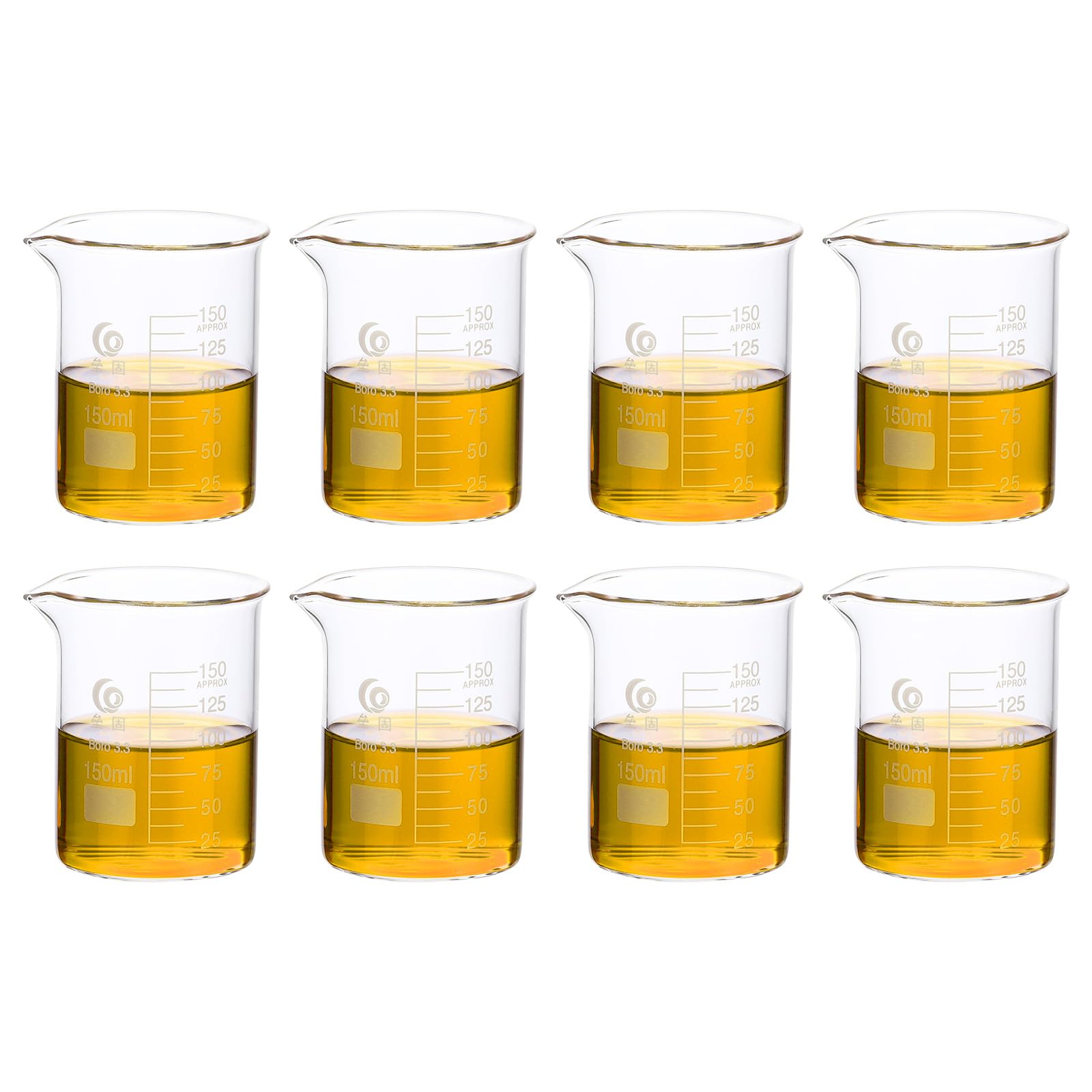 PATIKIL 150ml Vaso Medición Bajo, 8 Pcs Juego Vasos Precipitados Borosilicato 3.3 Graduados Con Pico Experimentos Laboratorio, Cocina Y Repostería, Transparente