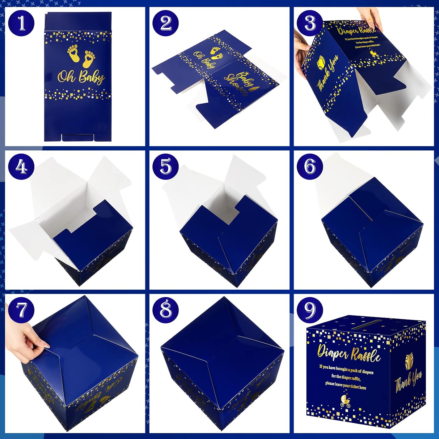 Funrous 51 Diaper Raffle Tickets with Box for Baby Shower Game Invitations Diaper Raffle Card for Gender Reveal Baby Shower Party Decoration Table Centerpiece(Navy, Gold)