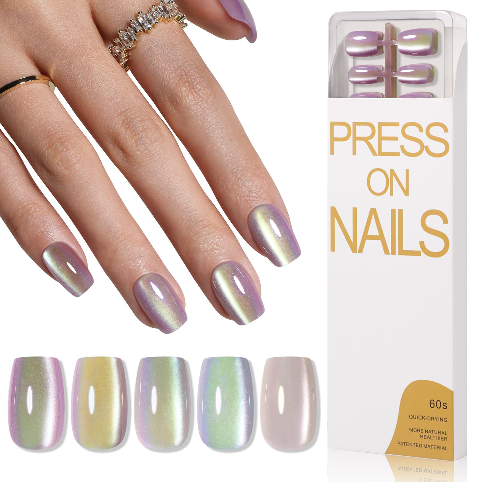 Juego de 150 uñas postizas cortas cuadradas con diseño de ojo de gato, 5 colores brillantes de camaleón, magnéticas, de gel para primavera, verano, para mujer, brillantes, reutilizables, de