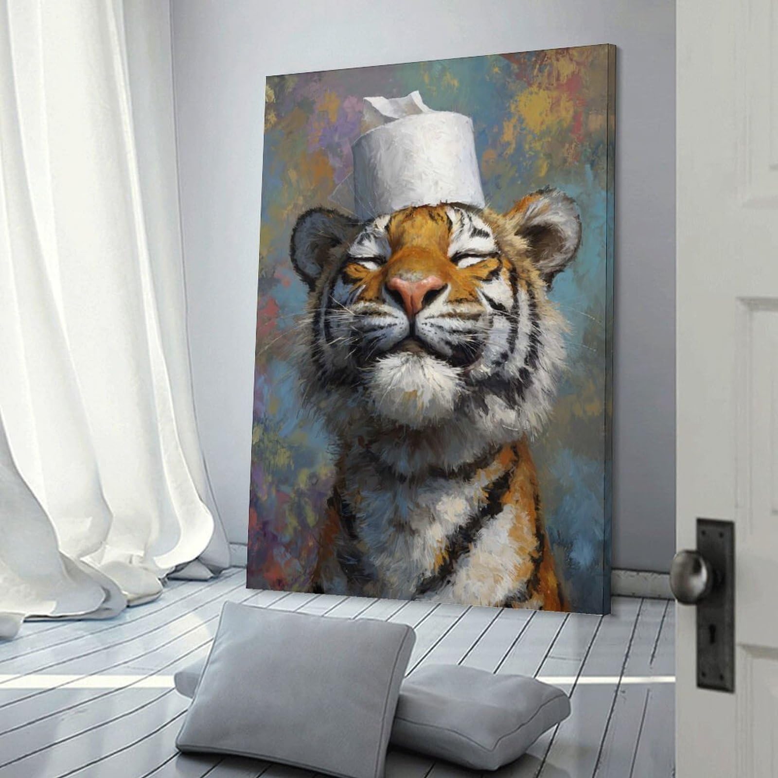 Junmoney Tiger with Toilet Paper Hat Painting Wall Picture Print 08x12inch(20x30cm), for Home Walls, Creative Rooms Or Shared Spaces, Stylish Home Artwork for Focal Walls