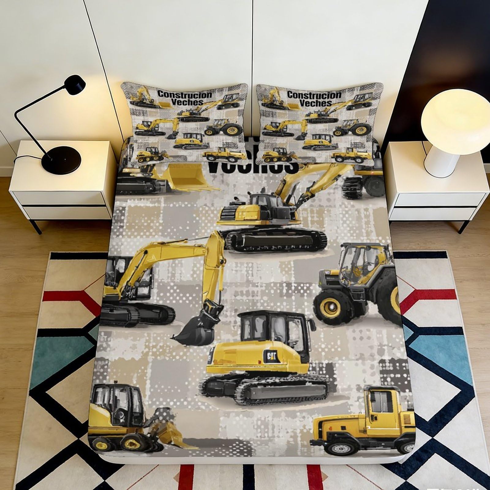3D Printed Construction Vehicles Fitted Sheet Microfiber Yellow Digger Bed Sheet Anti-Slip Machine Washable for Bedroom Dorm 120x200x25cm