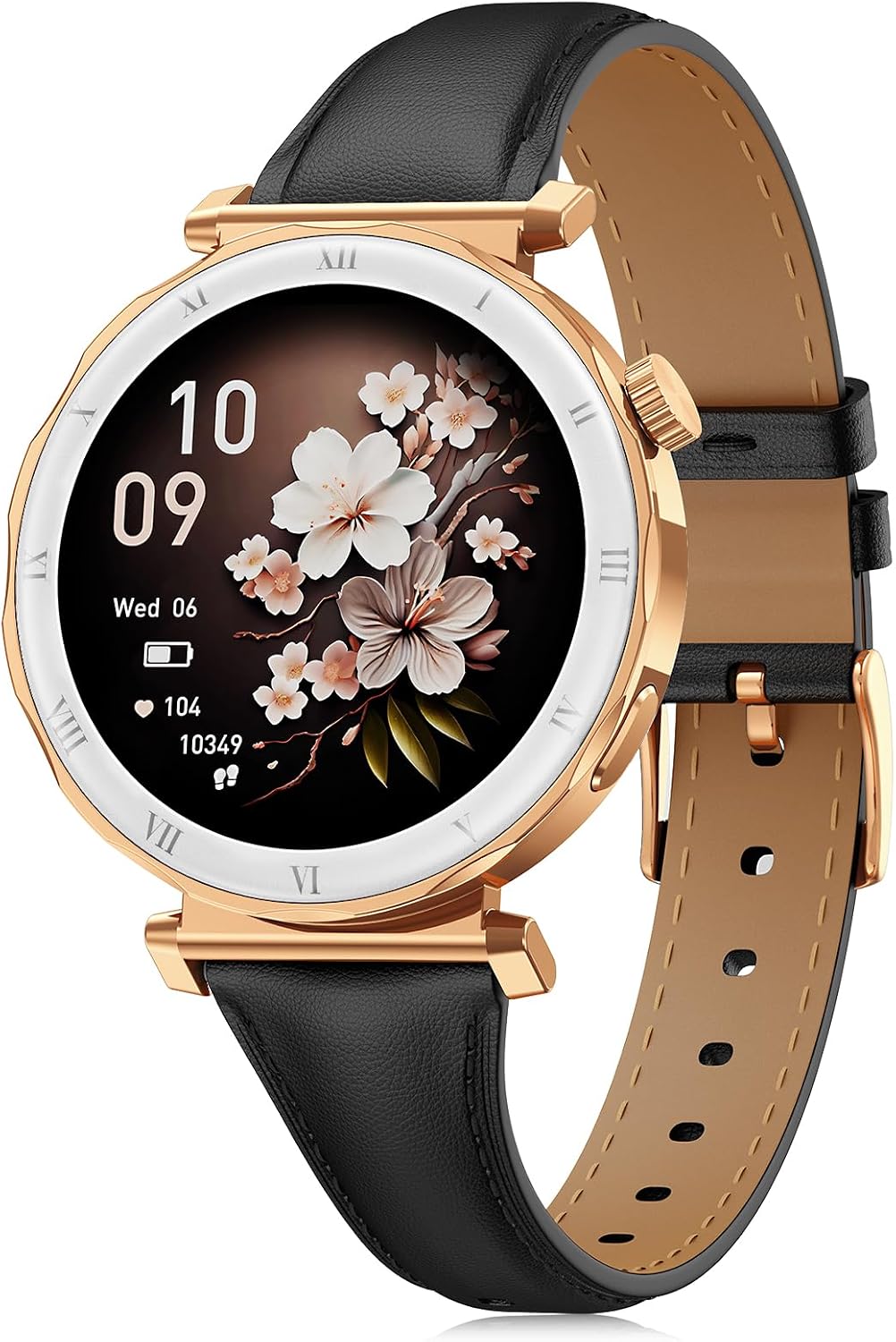Women's Smartwatch Elegance in Small with 1.19 Inch AMOLED Display and Slim Leather Strap Fitness Watch with Pedometer Sports Modes Pulse/SpO2/Sleep Monitor for iOS/Android Rose Gold/Black