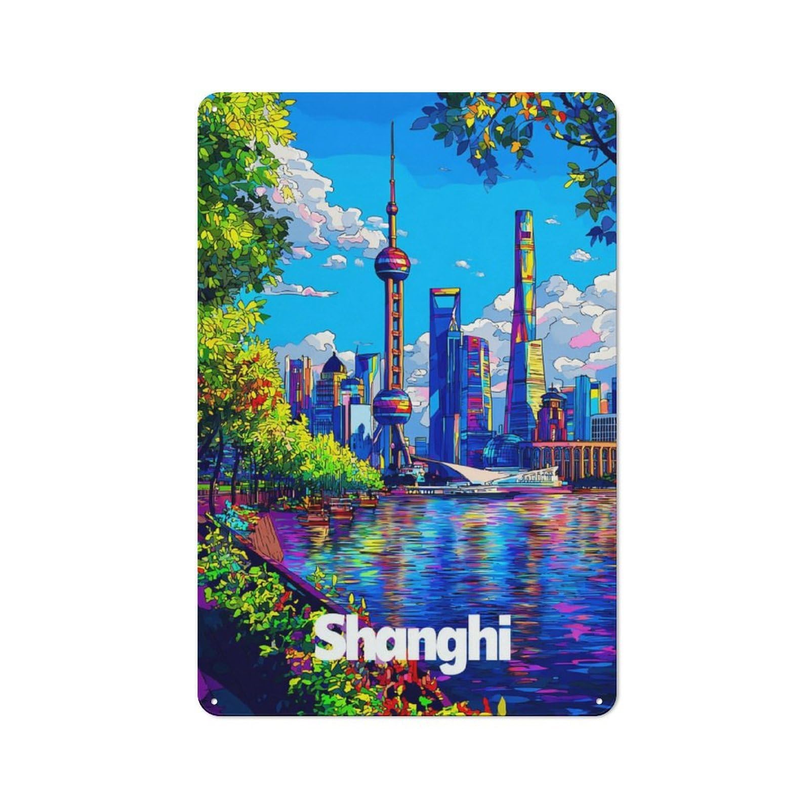 Junmoney Colorful Shanghai Skyline -1 Metal Wall Sign 30X20cm Featuring For Living Room Wall, For Metal Sign Collectors, For Garage And Workshop Walls