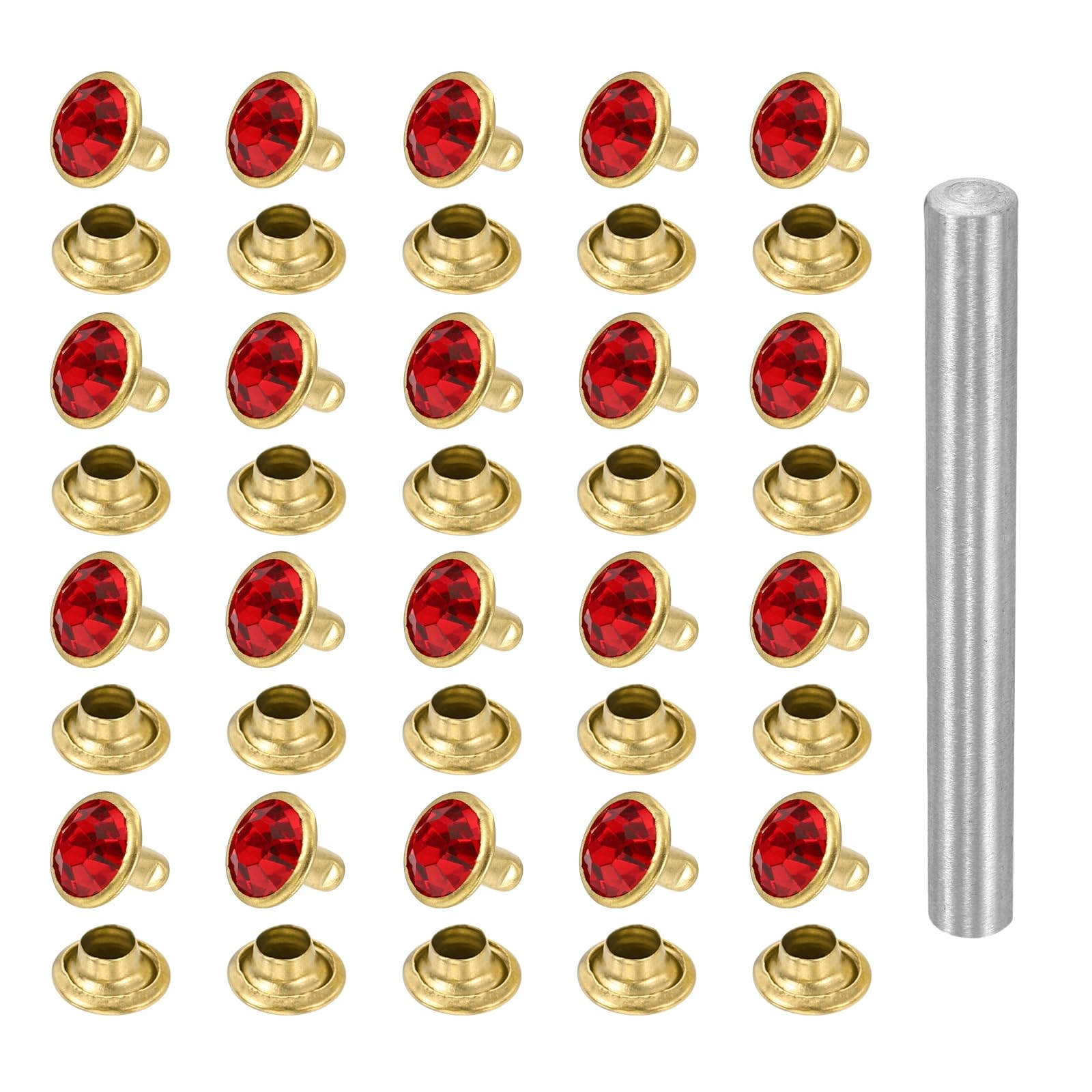 sourcing map 100pcs Crystal Rivets 8mm Rhinestone Rapid Stud Rivets with Steel Installation Tool for Clothing Leather Fabric Arts Crafts Decoration Leathercraft, Gold Red