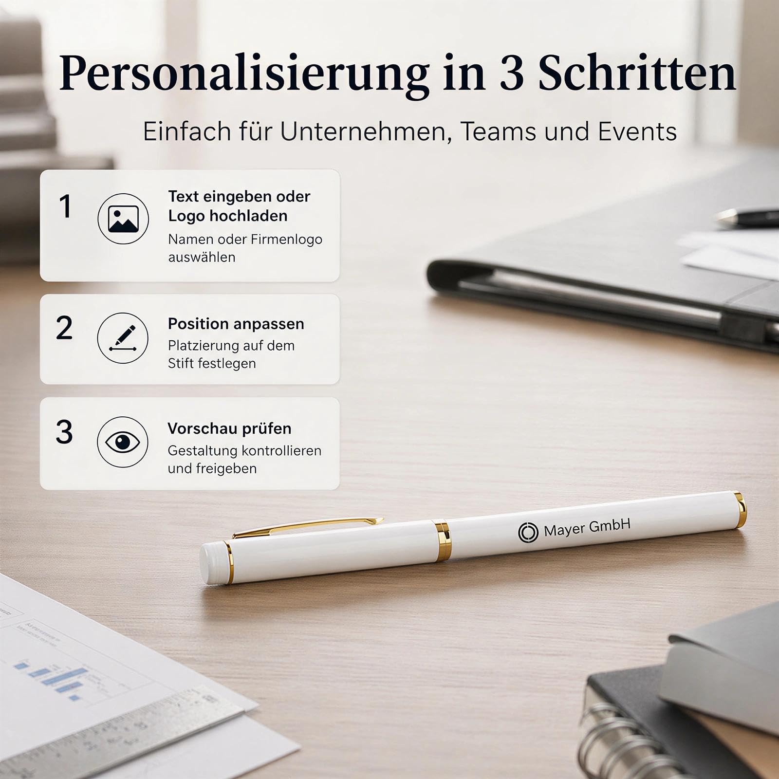 Personalisierter Kappenkugelschreiber mit Namen und Logo 50 Stück - Kugelschreibermine Schwarze - Personalisierte Geschenke Veranstaltung Büro Team