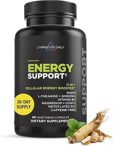 Livingood Daily Energy Support, suplemento 11 en 1 con magnesio, vitamina B6, B12, aminoácidos, L carnitina, CoQ10, ginseng y L teanina, apoya la