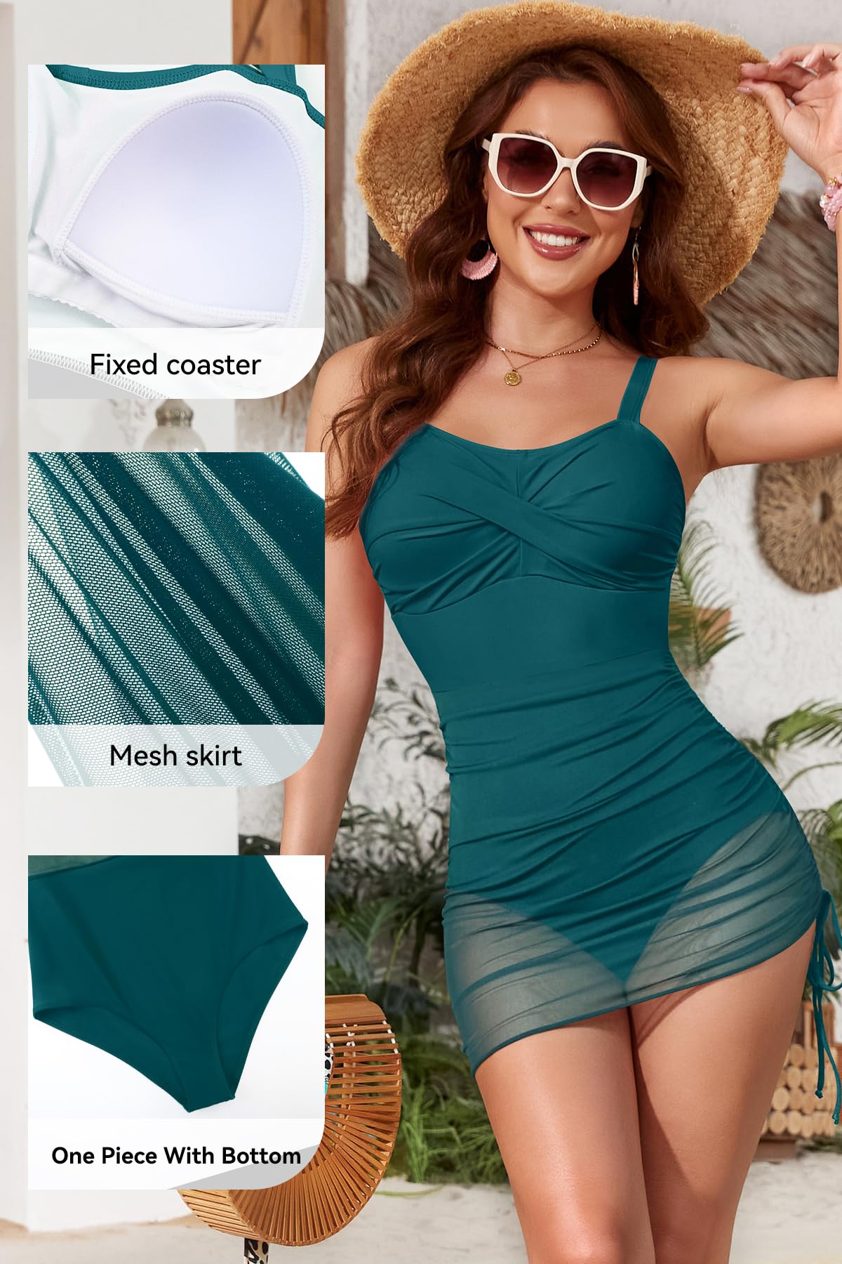 SHEKINI Costume da bagno intero da donna, con increspatura sulla pancia, imbottito con parte anteriore a torsione in rete velata, estivo, da spiaggia, con spalline larghe regolabili