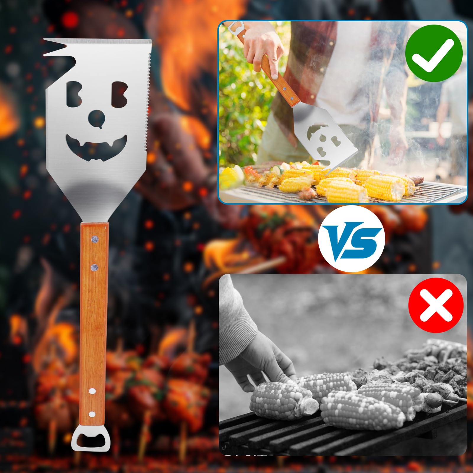 Spatule Barbecue 7 en 1, Ustensiles barbecue avec spatule, Accessoires de Barbecue Extra Longs, Meilleurs Cadeaux de Barbecue pour Hommes Uniques, Couverts de barbecue multifonctions avec manche