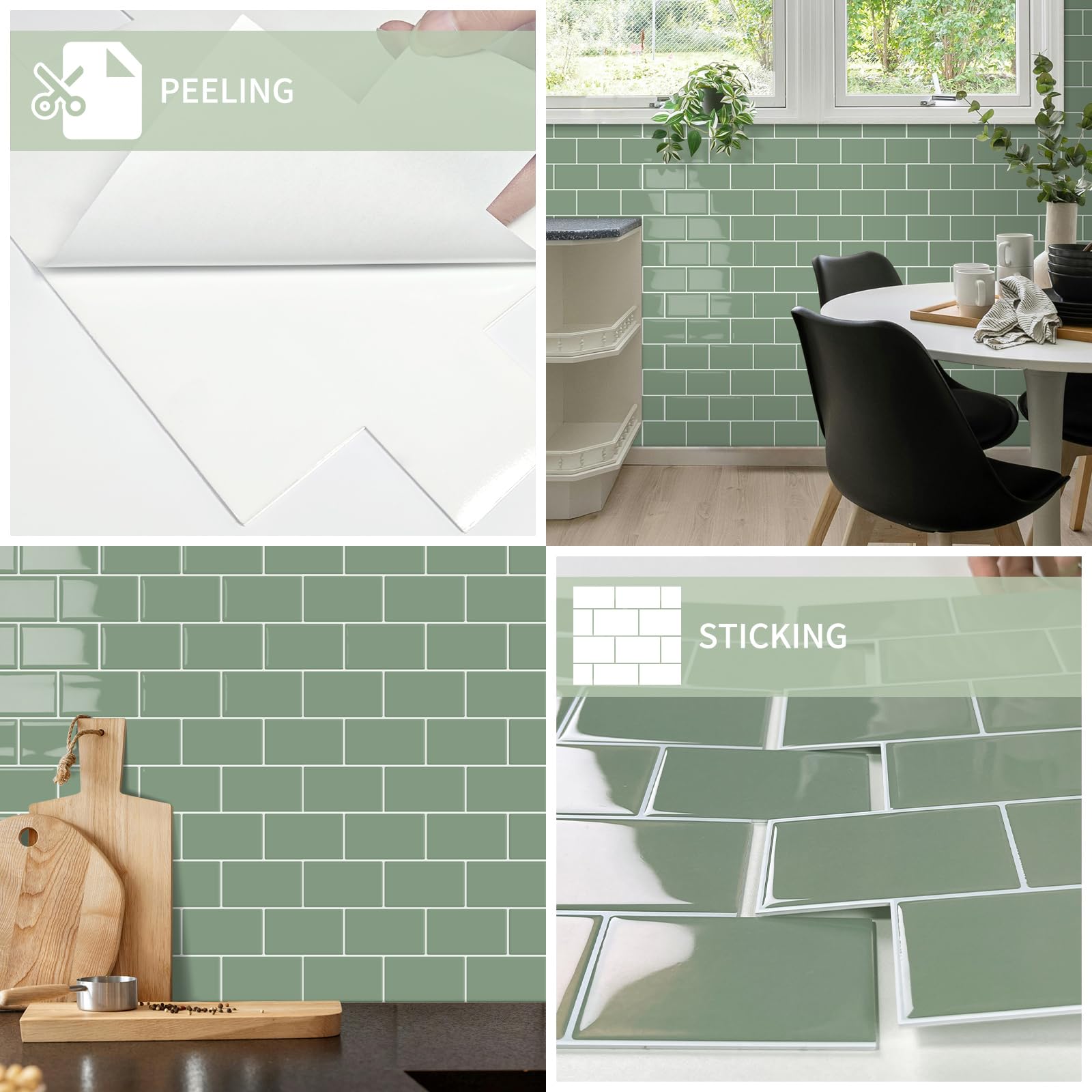 Plus épais Credence Adhesive pour Cuisine Stickers Carrelage Metro,Vert 3d Salle de Bain Crédence Adhesive,Adhesif Mural Carreaux en vinyle Autocollant (10-Pièces, 30 x 30cm)
