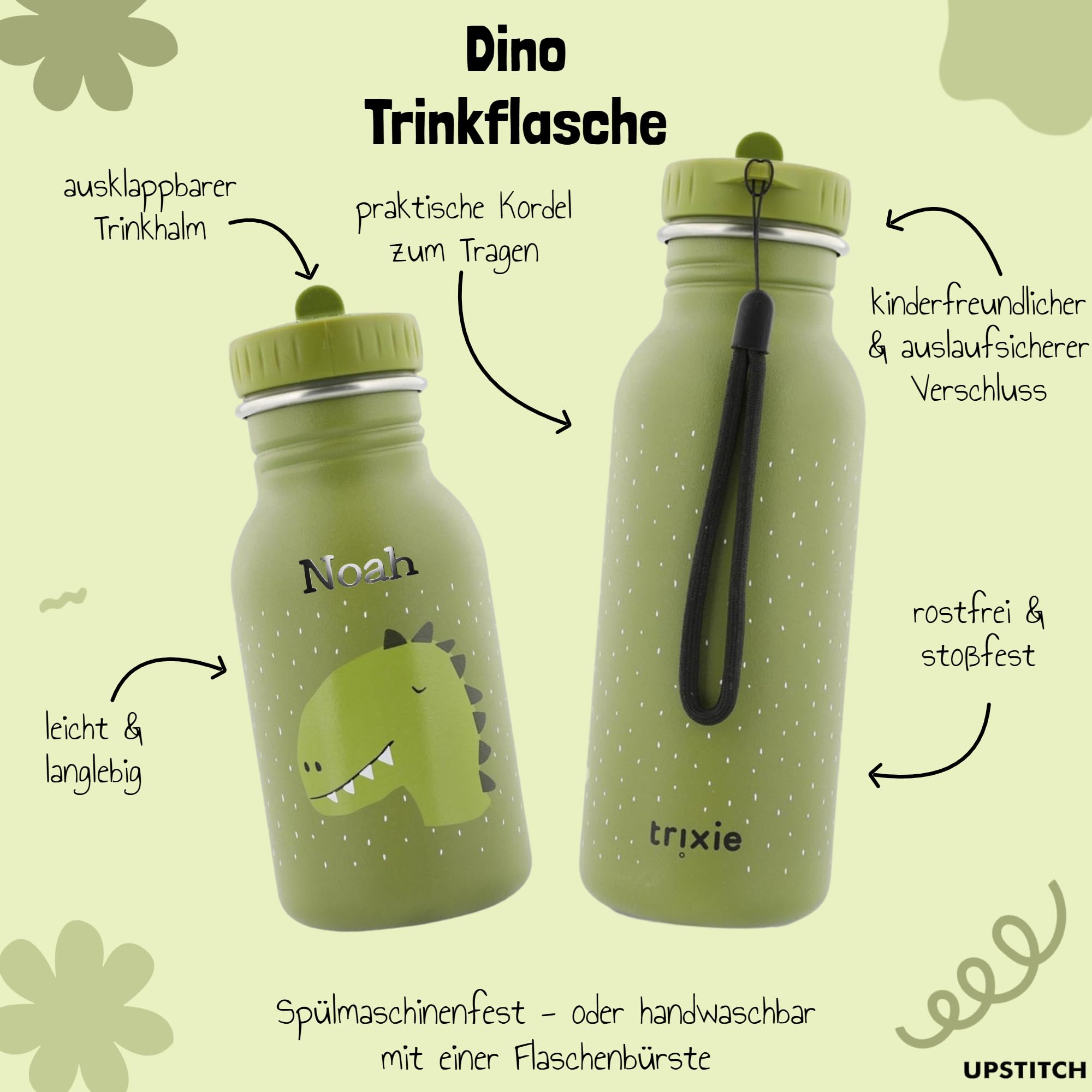 Trixie - Borraccia personalizzata per bambini, in acciaio inox, 500 ml, con nome per ragazze e ragazzi, a prova di perdite, antiruggine e adatta ai bambini