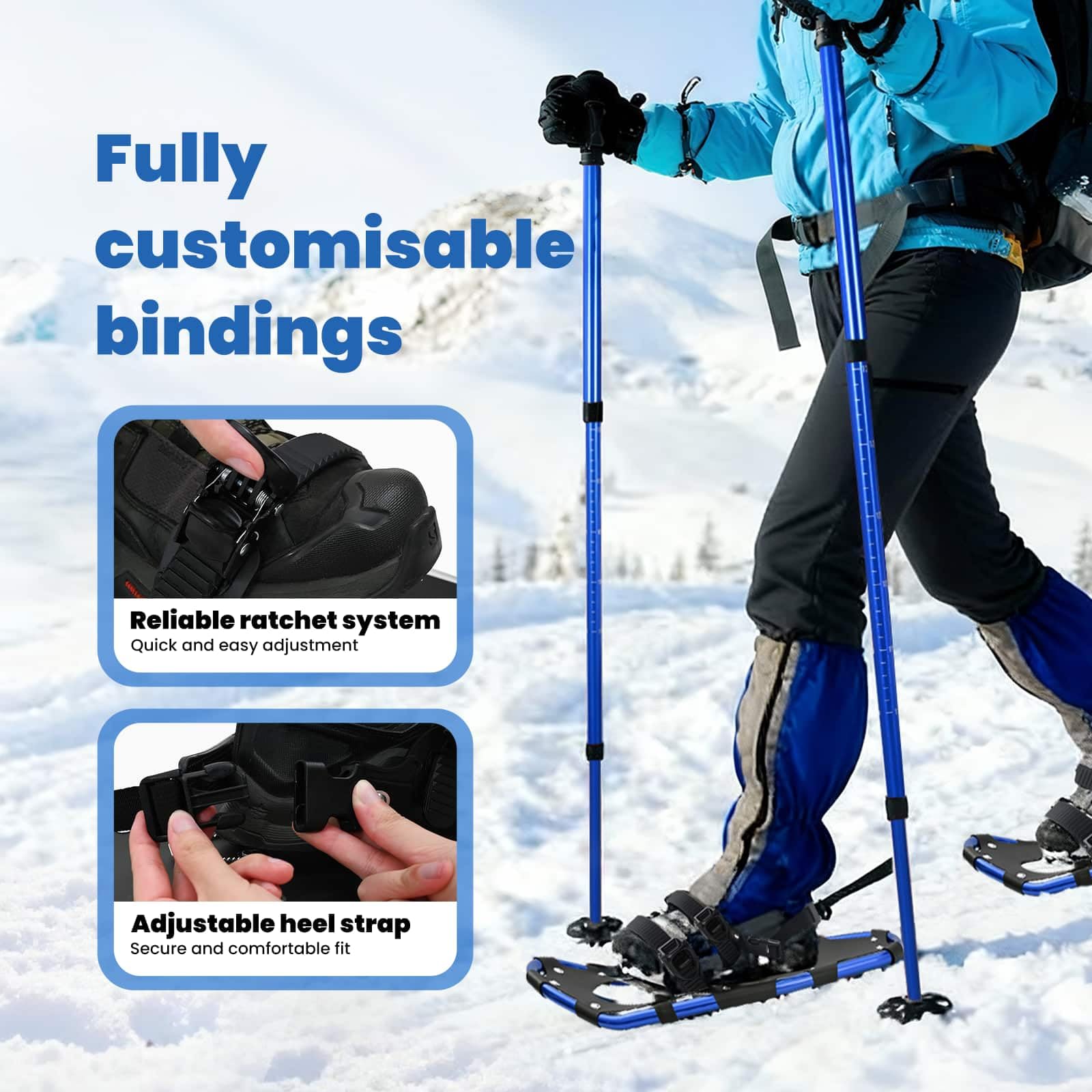 vidaXL Racchette da Neve 3 in 1 con bastoni da Trekking Blu e Nero, Ciaspole in Alluminio per Il Giardino, Attrezzatura Outdoor Regolabile, Accessori Moderni per Camminare sulla Neve